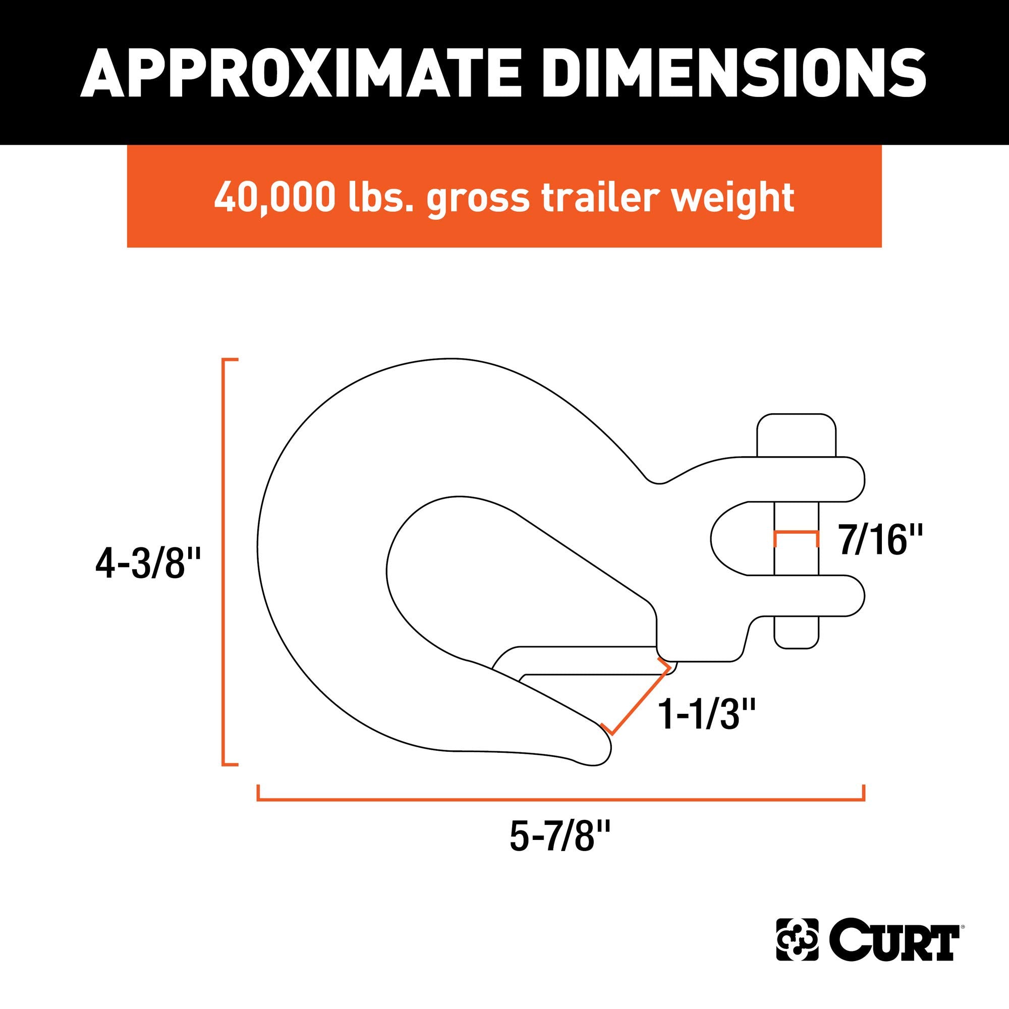 CURT 81970 Forged Steel 7/16-Inch Clevis Slip Hook with Safety Latch, 40,000 lbs, 1-1/3-In Opening, 17/32" Pin
