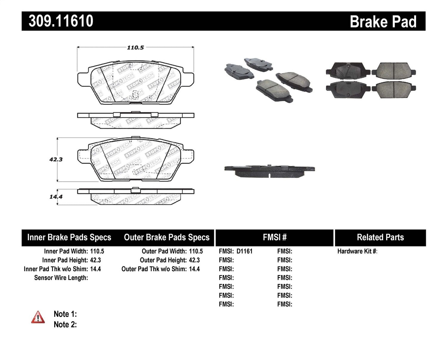 Sport Brake Pads StopTech 309.11610 with Shims and Hardware