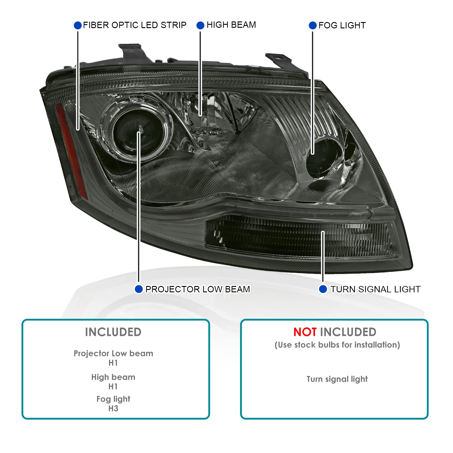 Smoke LED Light Bar Projector Headlights SPEC-D TUNING Compatible with 1999-2006 Audi TT, Left + Right Pair Headlamps Assembly