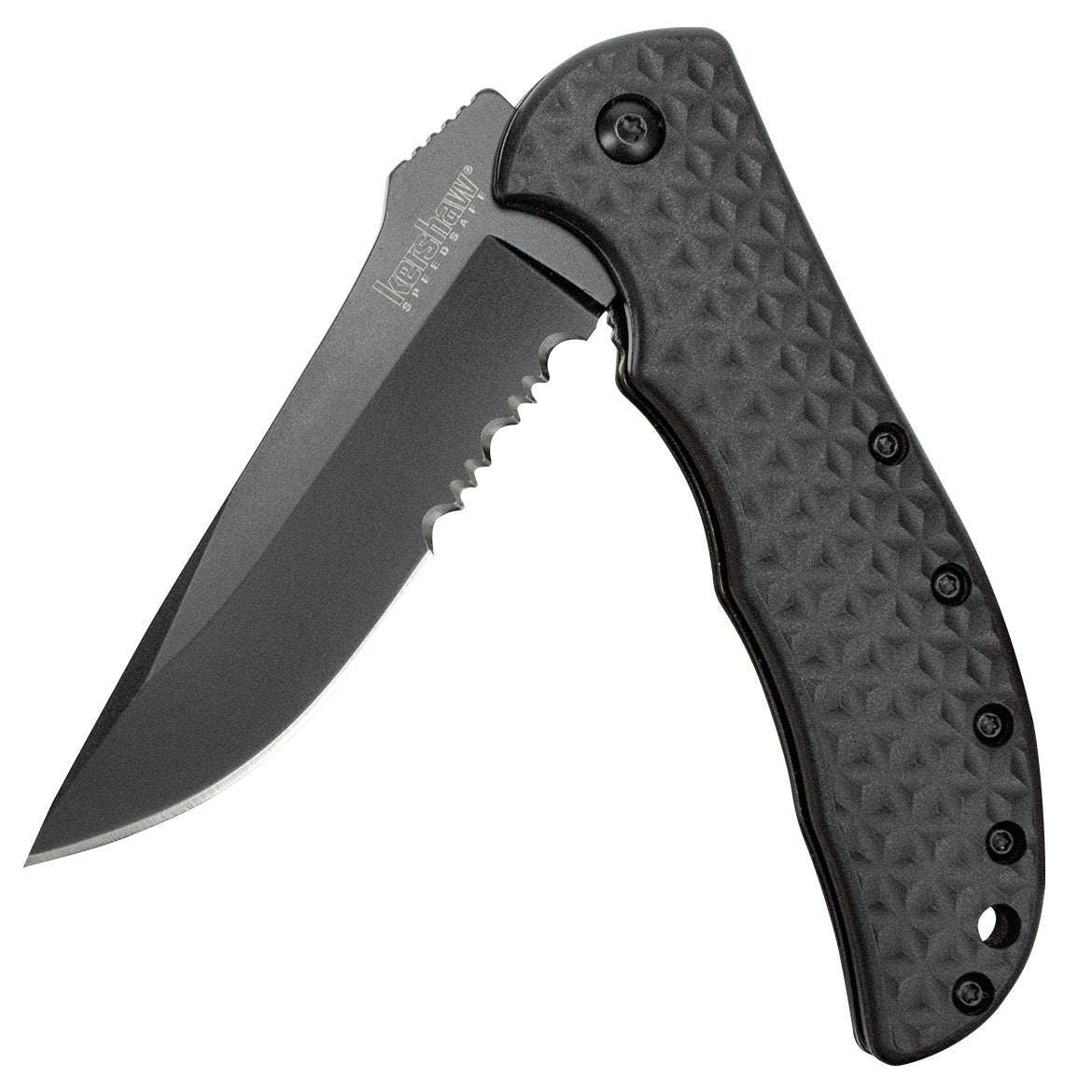 Kershaw Black Volt II Serrated Pocketknife, 3.25" 8Cr13MoV Steel Drop Point Blade, assisted opening Folding EDC, Liner Lock System