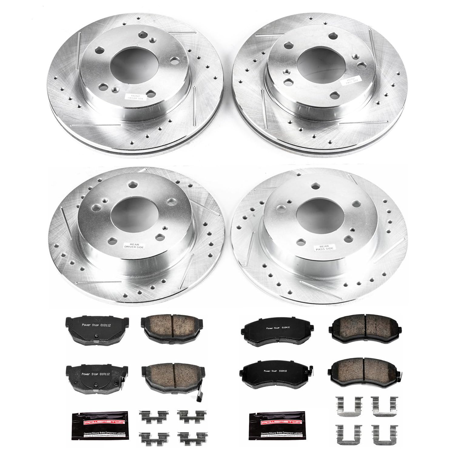 Power Stop K755 Z23 Carbon Fiber Brake Pads Front and Rear with Drilled & Slotted Brake Rotors Kit For Nissan 240SX 1994-1996 [Model Specific]