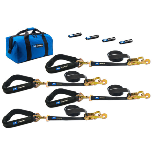 Automotive Pro Strap Kit Mac's Tie-Downs 511658 (4 Pack) - Black, 10,000 lbs Break Strength 2" W x 8' L with Direct Hook End, 40" Axle Strap, Fleece Sleeve, Wrap, Canvas Storage Bag