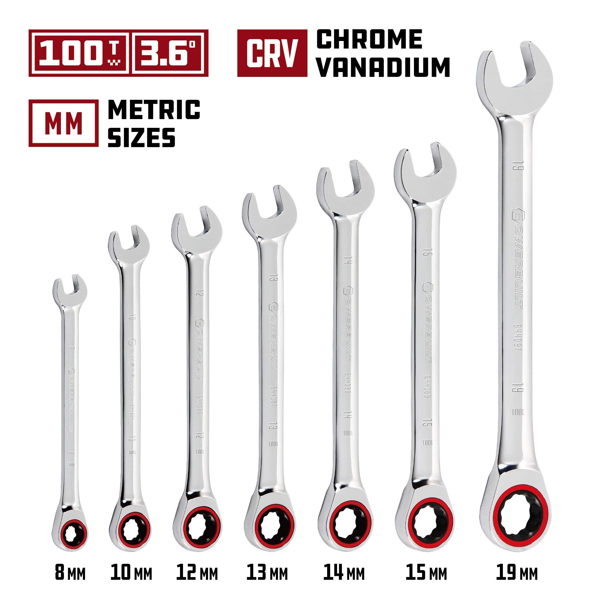 Powerbuilt 100 Tooth 7 Piece Metric Ratcheting Combination Wrench Set, 8mm 10mm 12mm 13mm 14mm 15mm 19mm, Color Ring, 3.6 degrees to engage, Storage Rack - 642762