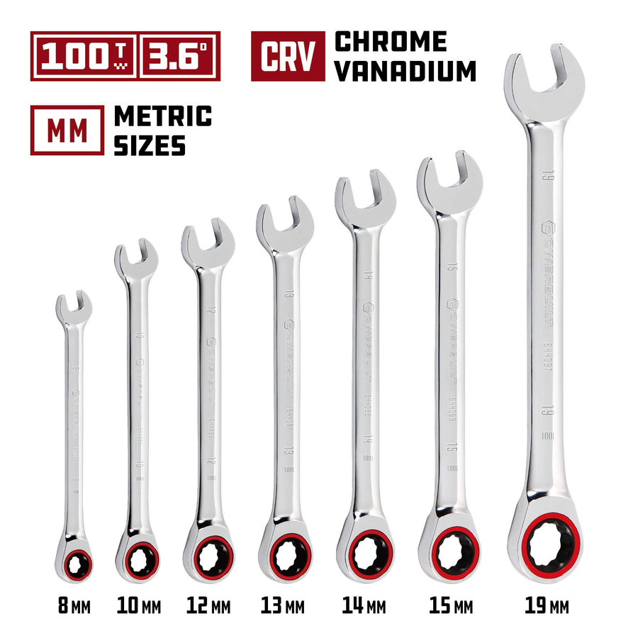 Powerbuilt 100 Tooth 7 Piece Metric Ratcheting Combination Wrench Set, 8mm 10mm 12mm 13mm 14mm 15mm 19mm, Color Ring, 3.6 degrees to engage, Storage Rack - 642762