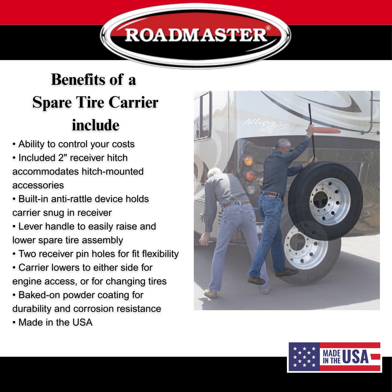 Roadmaster Spare Tire Carrier 195225-S with 2" Drop fits 2" Motorhome Receiver | for 16" - 24.5" Dually Wheels | 10,000 lbs Maximum Capacity | Fits All Lug Nut Patterns
