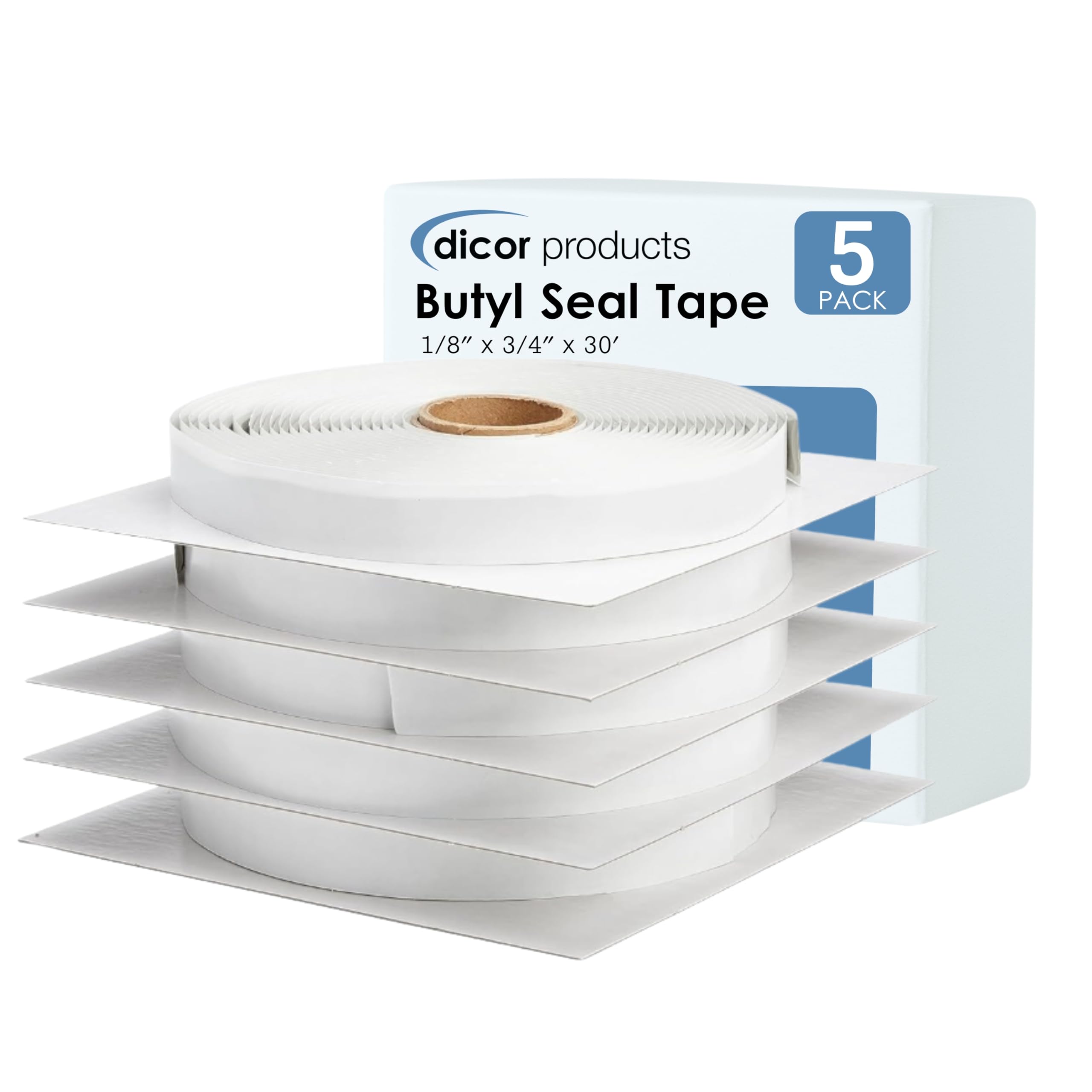 Butyl Seal Tape Dicor BT-1834-5 - 1/8" x 3/4" x 30' Repair Tape for RV, Trailer, Motorhome, Windows, and Vent Sealing- Pack of 5