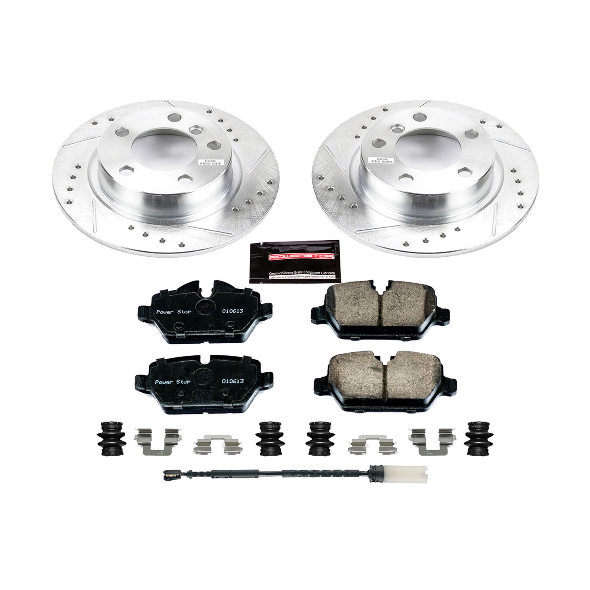 Power Stop K6664 Brake Pads Rear Z23 Carbon Fiber with Drilled & Slotted Brake Rotors Kit and 1 Rear Sensor Wire
