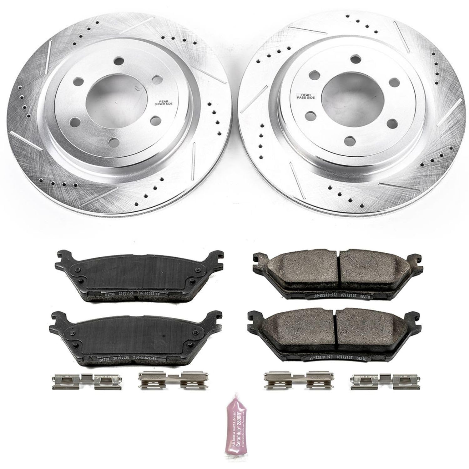 Power Stop K8030 Rear Brake Pads Z23 Carbon Fiber with Drilled and Slotted Brake Rotors Kit For Ford Expedition F-150 Lincoln Navigator 6 Lug