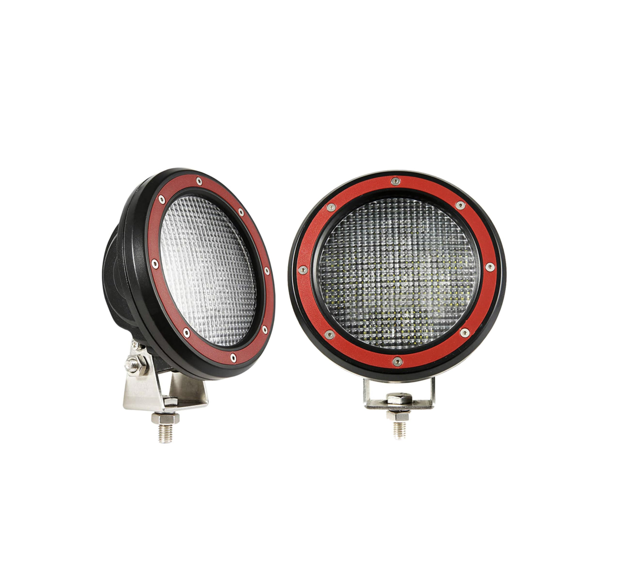 Heavy Duty Black Horse Rugged Grille Brush Bumper Guard Modular Black Come with Pair of 5.3" Dia.LED Lights with Red Trim Rings Compatible with 2015-2019 GMC Sierra 2500 HD/3500 HD-RU-GMSI15-B-PLFR
