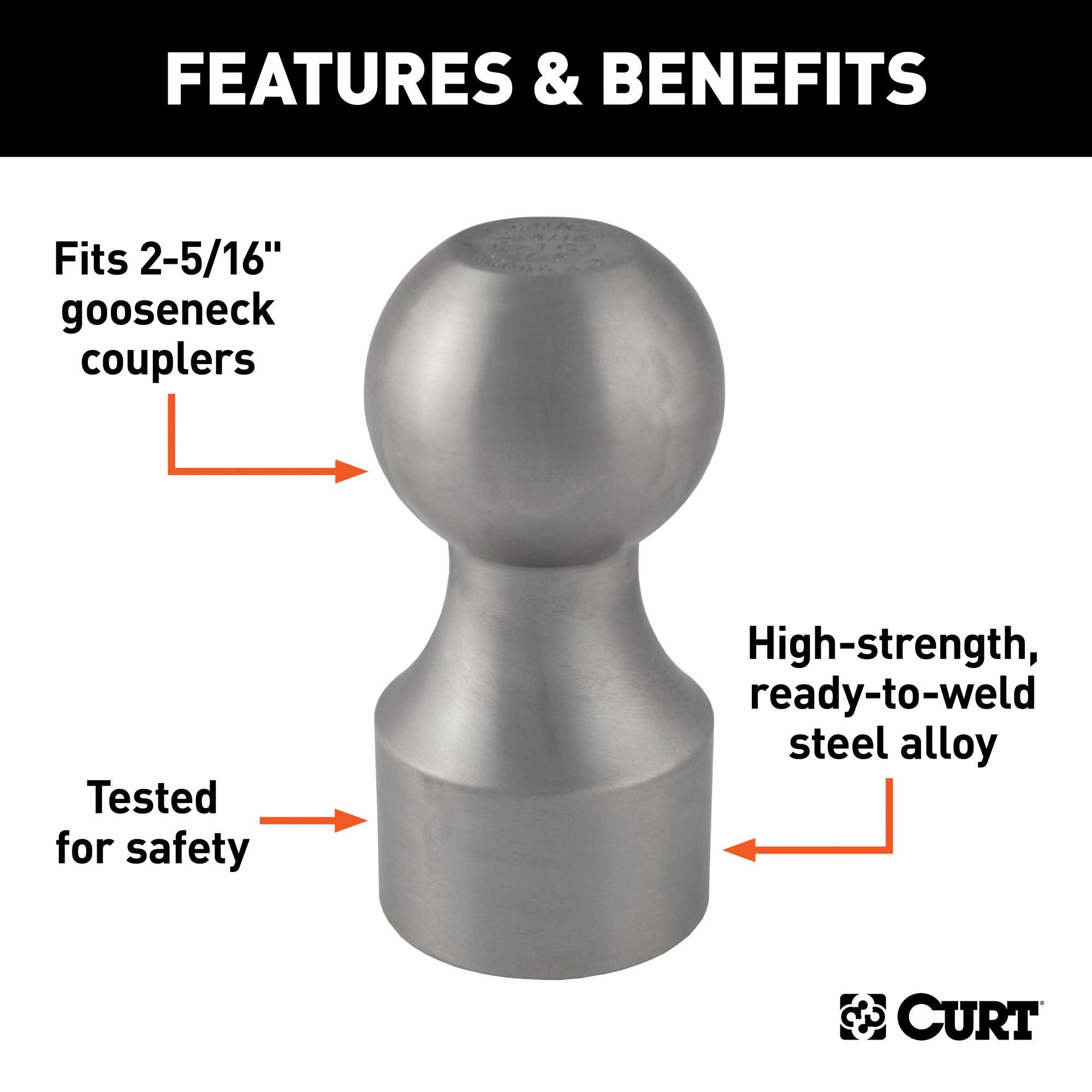 CURT 40094 Gooseneck Ball Raw Steel Weld-On, 2-5/16-Inch Diameter, 30,000 lbs