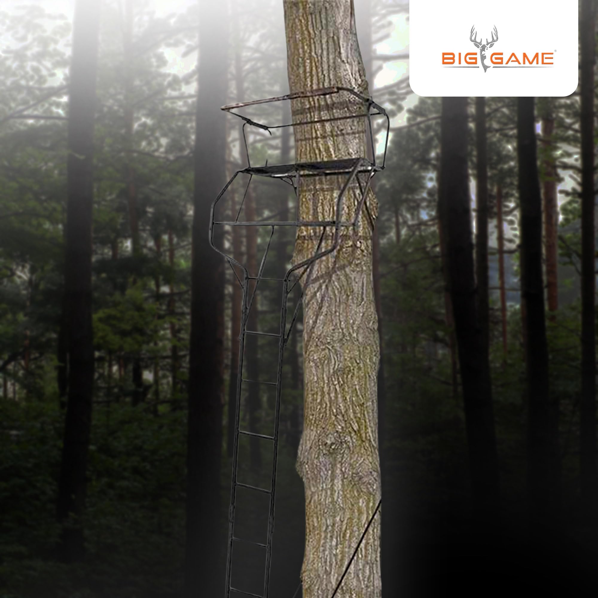 2-Person Big Game Ladder Tree Stand For Hunting Deer with Seats, 18' Tall, Camo/Black - Adjustable Climbing Treestand with Platform and Safety Harness for Shooting