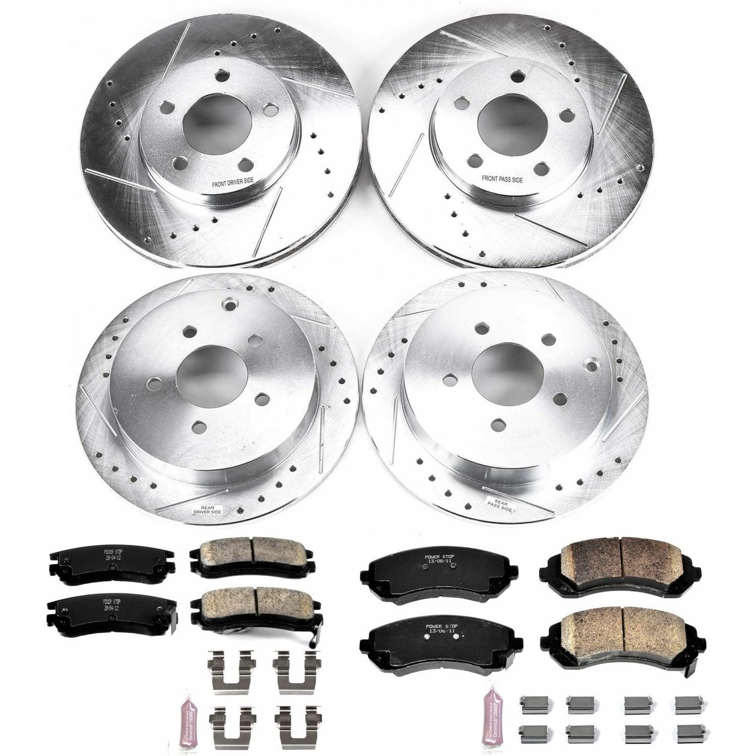 Power Stop K4383 Z23 Carbon Fiber Brake Pads Front and Rear with Drilled & Slotted Brake Rotors Kit For Rendezvous, Venture, Oldsmobile Silhouette, Pontiac Aztek, Pontiac Montana [Model Specific]