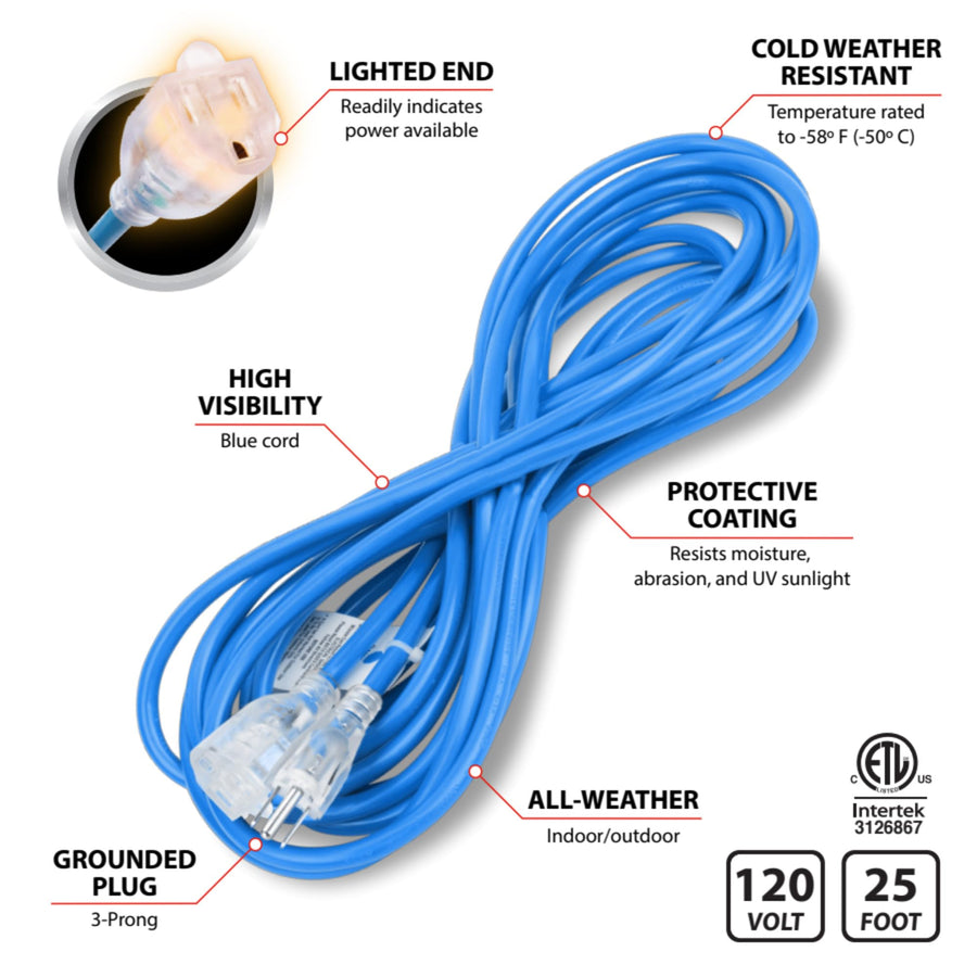 W2256 Performance Tool 25 FT 16GA Blue Extension Cord, PT Power, All-Weather, Cold Weather, 125V 13A, cETL listed