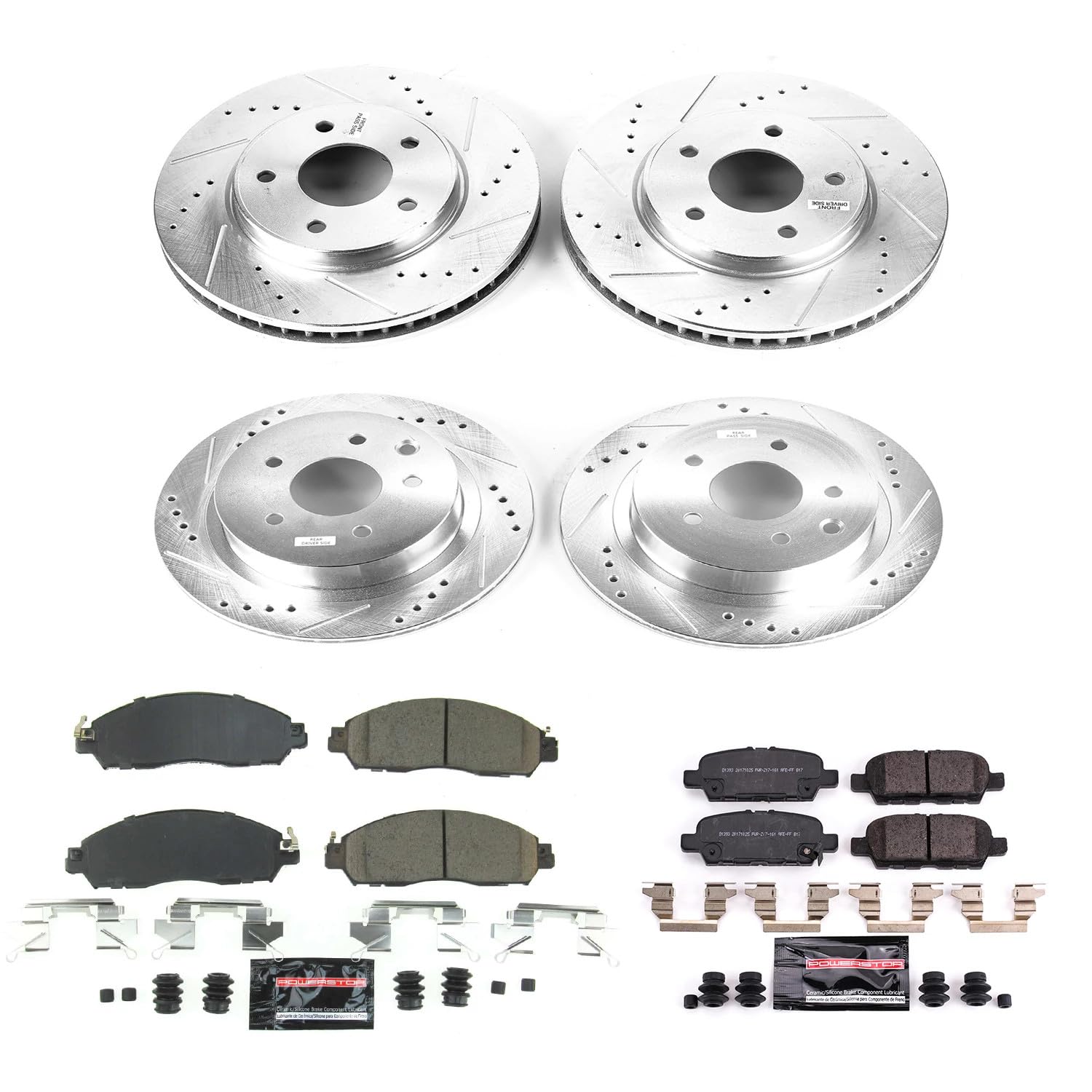 Power Stop K8273 Z23 Carbon Fiber Brake Pads Front and Rear with Drilled & Slotted Brake Rotors Kit For Nissan LEAF 2018-2024 [Model Specific]