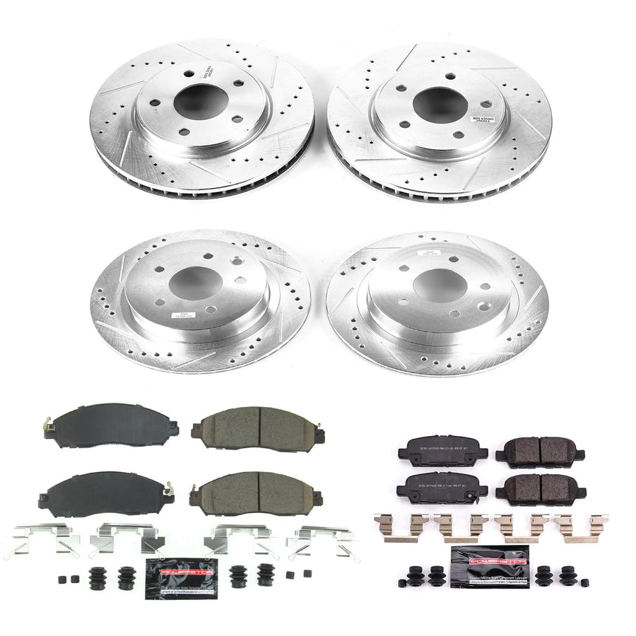 Power Stop K8273 Z23 Carbon Fiber Brake Pads Front and Rear with Drilled & Slotted Brake Rotors Kit For Nissan LEAF 2018-2024 [Model Specific]
