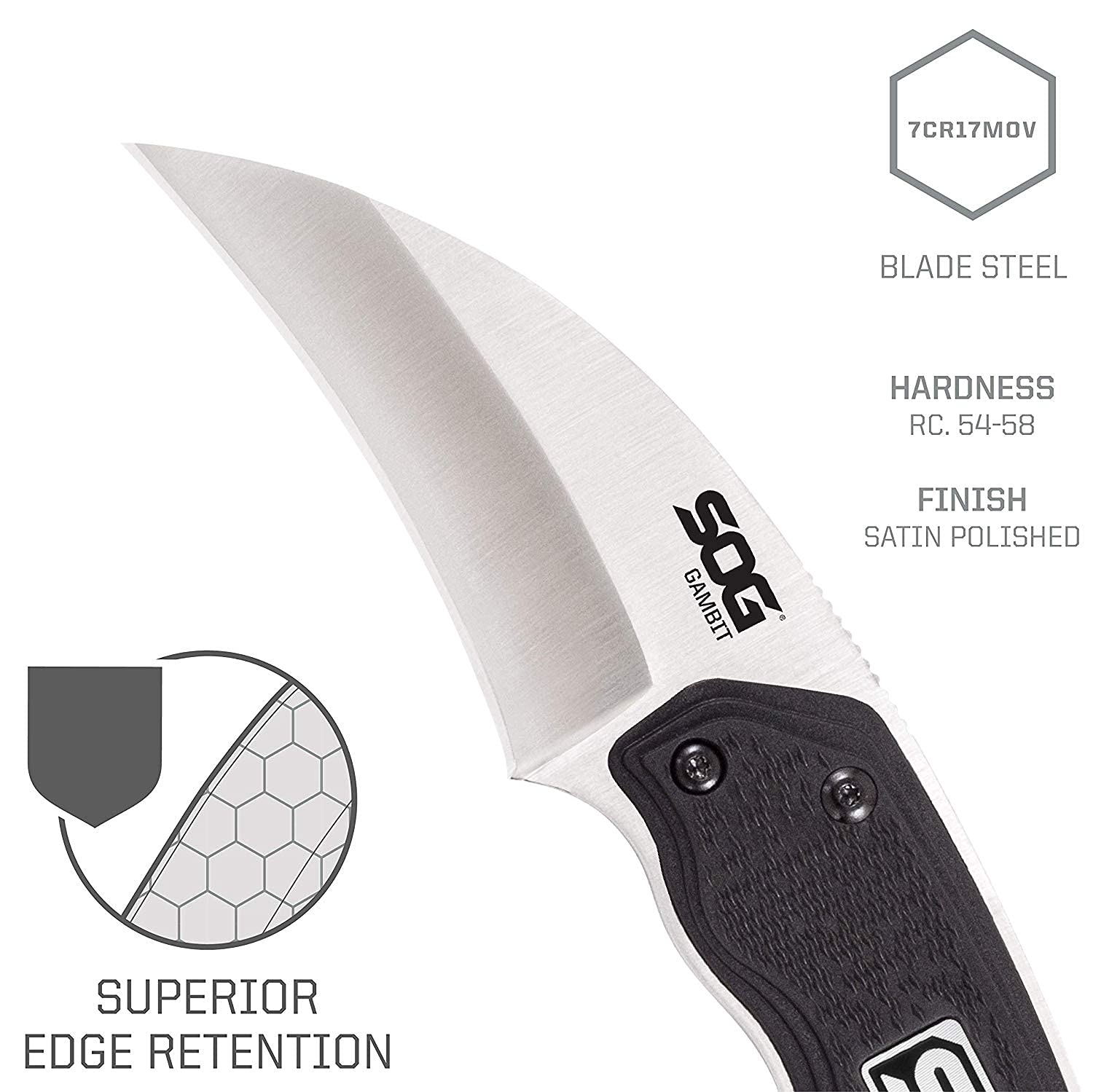 SOG Karambit Survival Knife - Gambit Curved Security Belt Knife, Full Tang Fixed 2.6 Inch Blade w/Hard Nylon Sheath and Adjustable Clip (GB1001-CP), Black