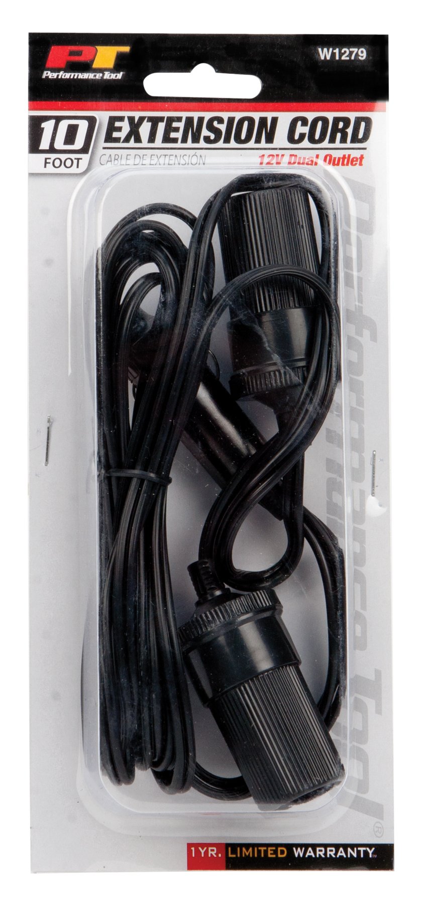 10ft Performance Tool W1279 12V Automotive Dual Outlet Extension Cord for Multiple Devices