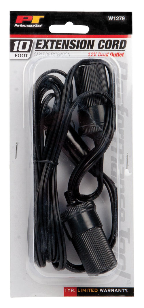 10ft Performance Tool W1279 12V Automotive Dual Outlet Extension Cord for Multiple Devices