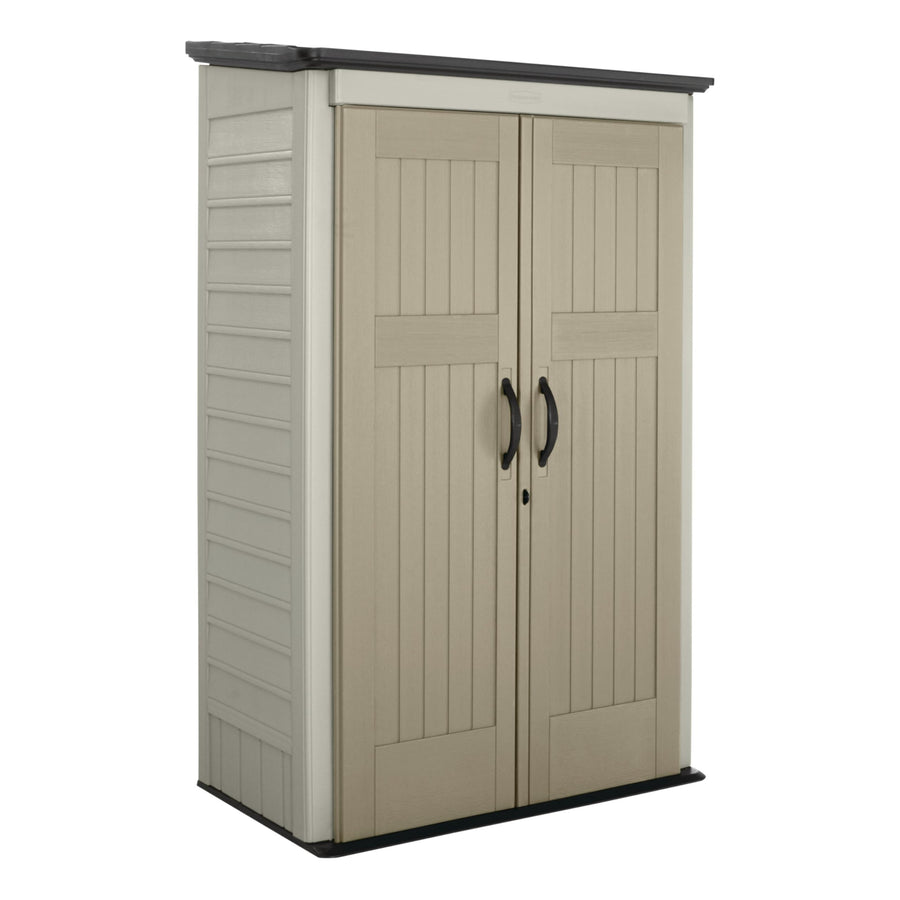 Rubbermaid Outdoor Vertical Resin Storage Shed With Floor (4 x 2.5 Ft) Weather Resistant Beige/Brown Organization for Home/Backyard/Pool Chemicals/Toys/Garden Tools/Porch/Patio Cushions