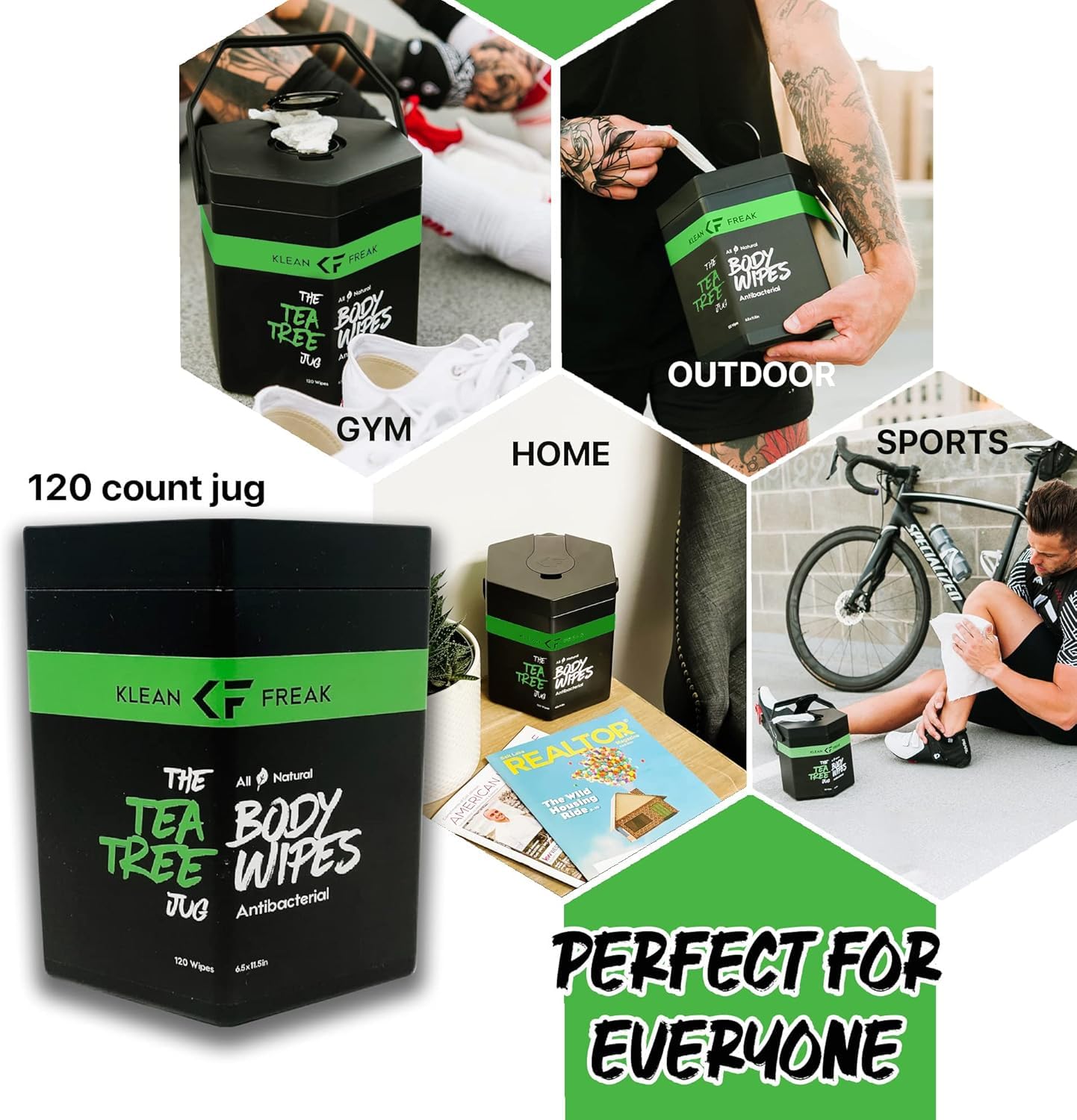 Klean Freak Body Wipes - Wipe Away Sweat and Odor for Face and Body, Large Textured, Travel, Gym, Camping and More, 120 Cnt Jug (Tea Tree)