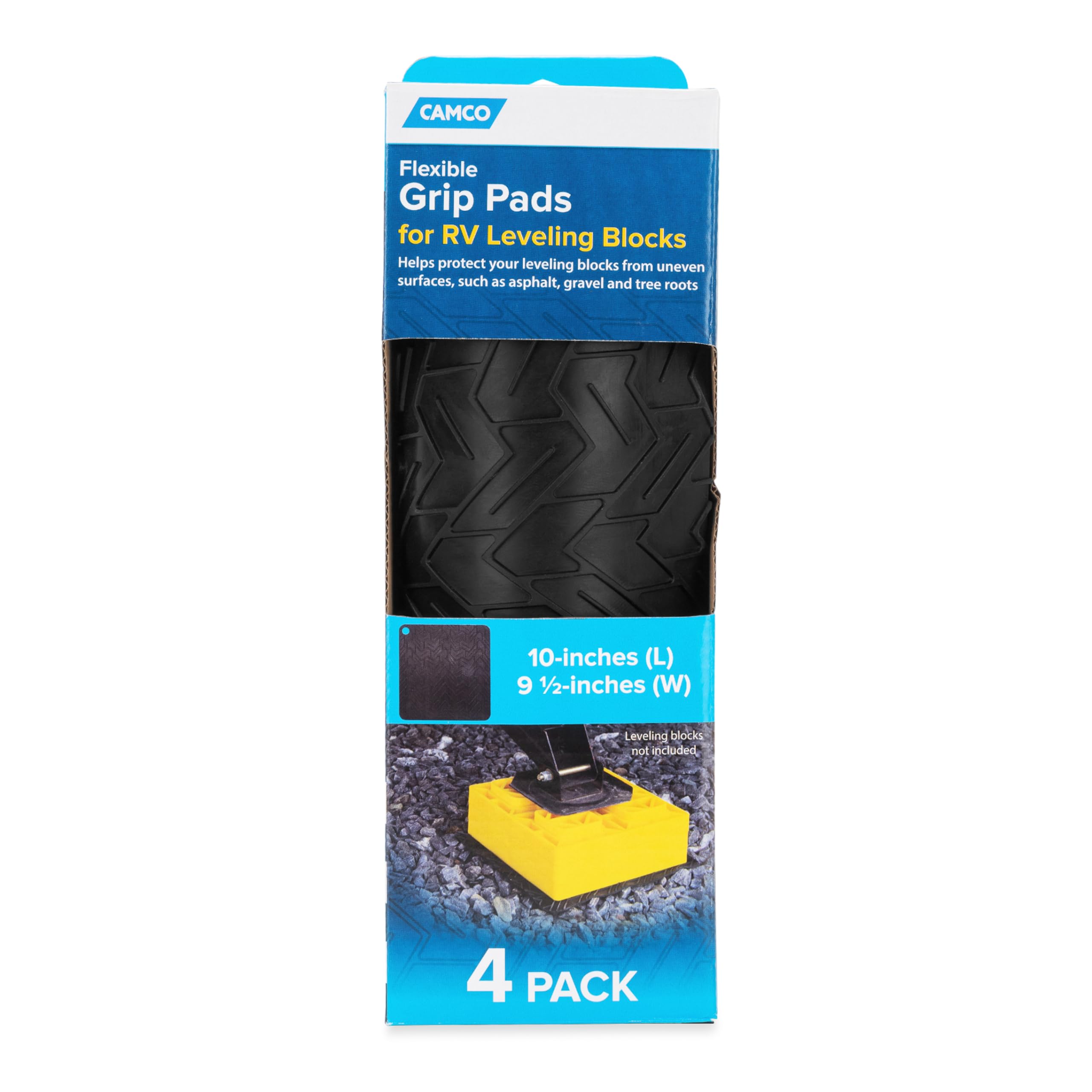 Camco RV Leveling Blocks Flexible Grip Pads - 10-Inches (L) x 9.5-Inches (W) - Protects Your Leveling Blocks from Uneven Surfaces - Easy to Carry and Store - 4-Pack (44529)