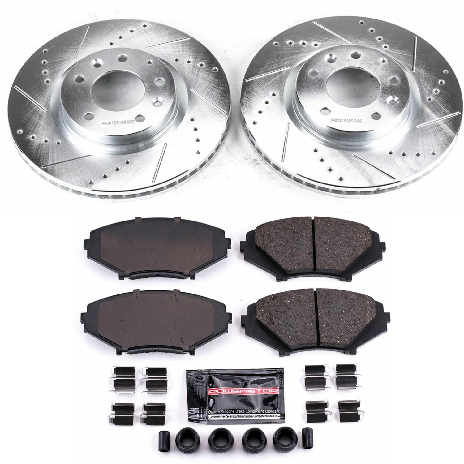 Power Stop K2964 Z23 Carbon Fiber Brake Pads with Drilled & Slotted Brake Rotors Kit For Mazda RX-8 2004-2008 [Model Specific]