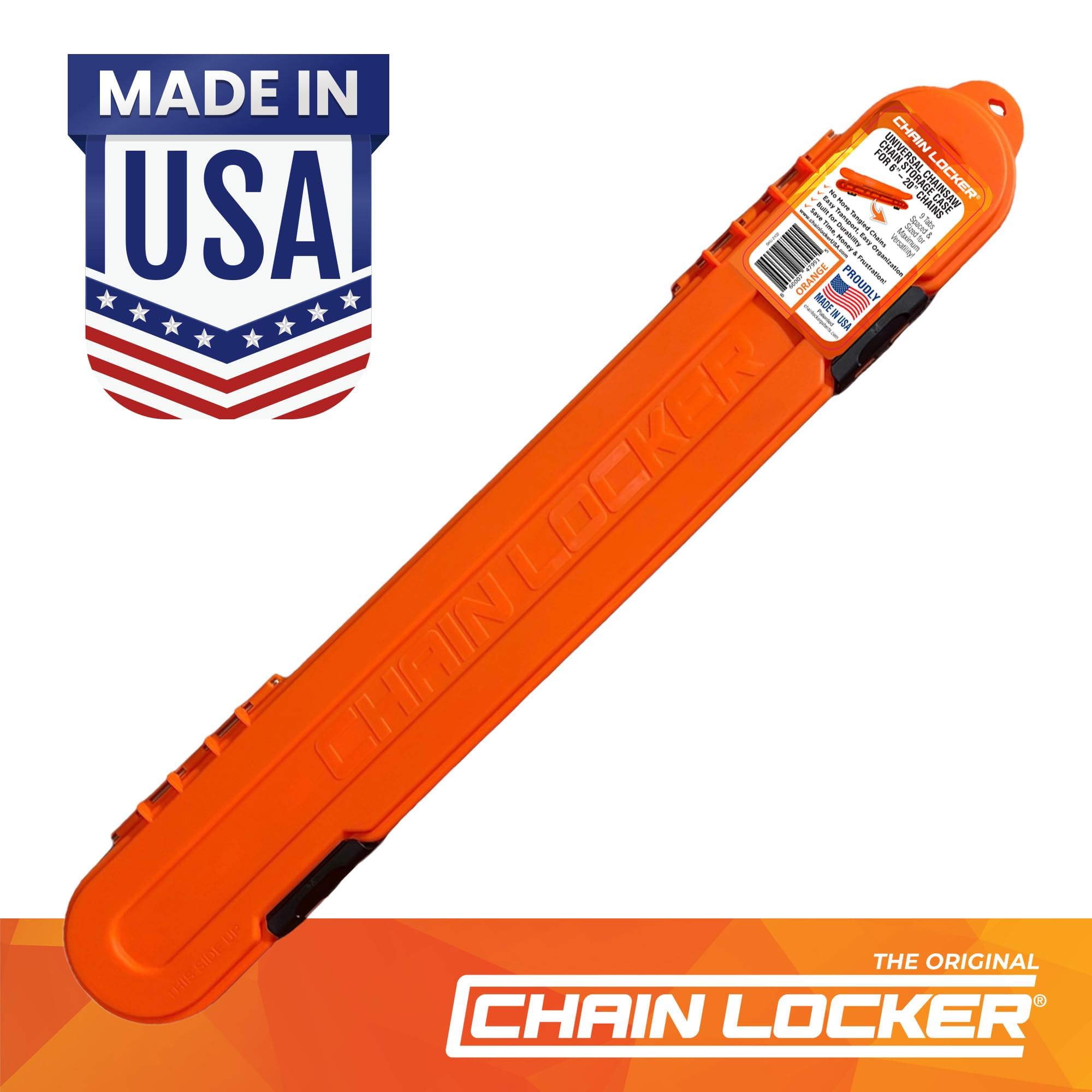 Chainsaw Chain Original Storage - Portable Universal Case for Chains up to 20” Blades - Stacks 2 Inches Deep, Holds Minimum 8 Chains, Made in USA - Orange - Holiday Gift for Family
