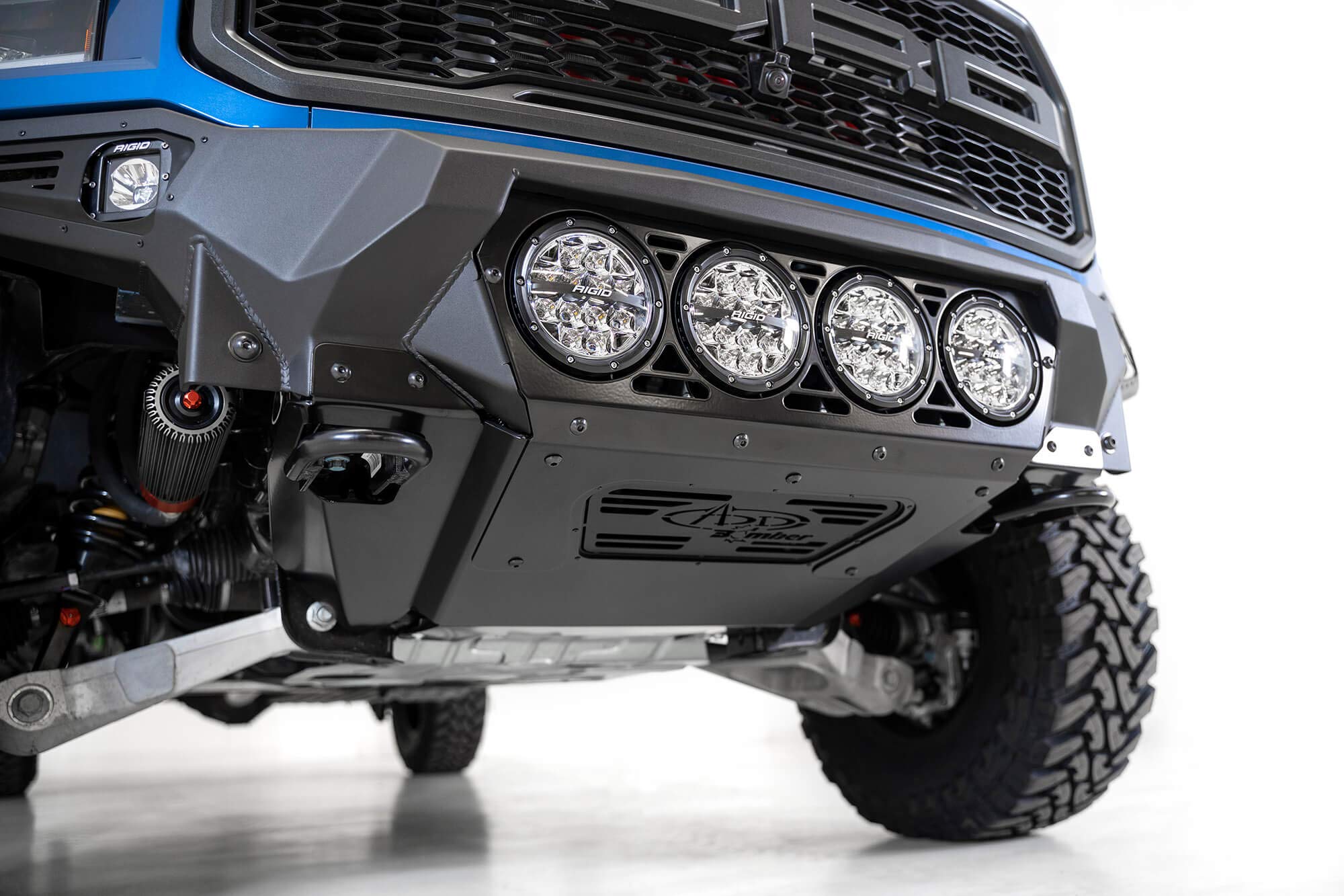 Bomber Front Bumper Addictive Desert Designs F110014110103; Hammer Black Powder Coat Finish; Mounts for 4 Rigid 360 6 in