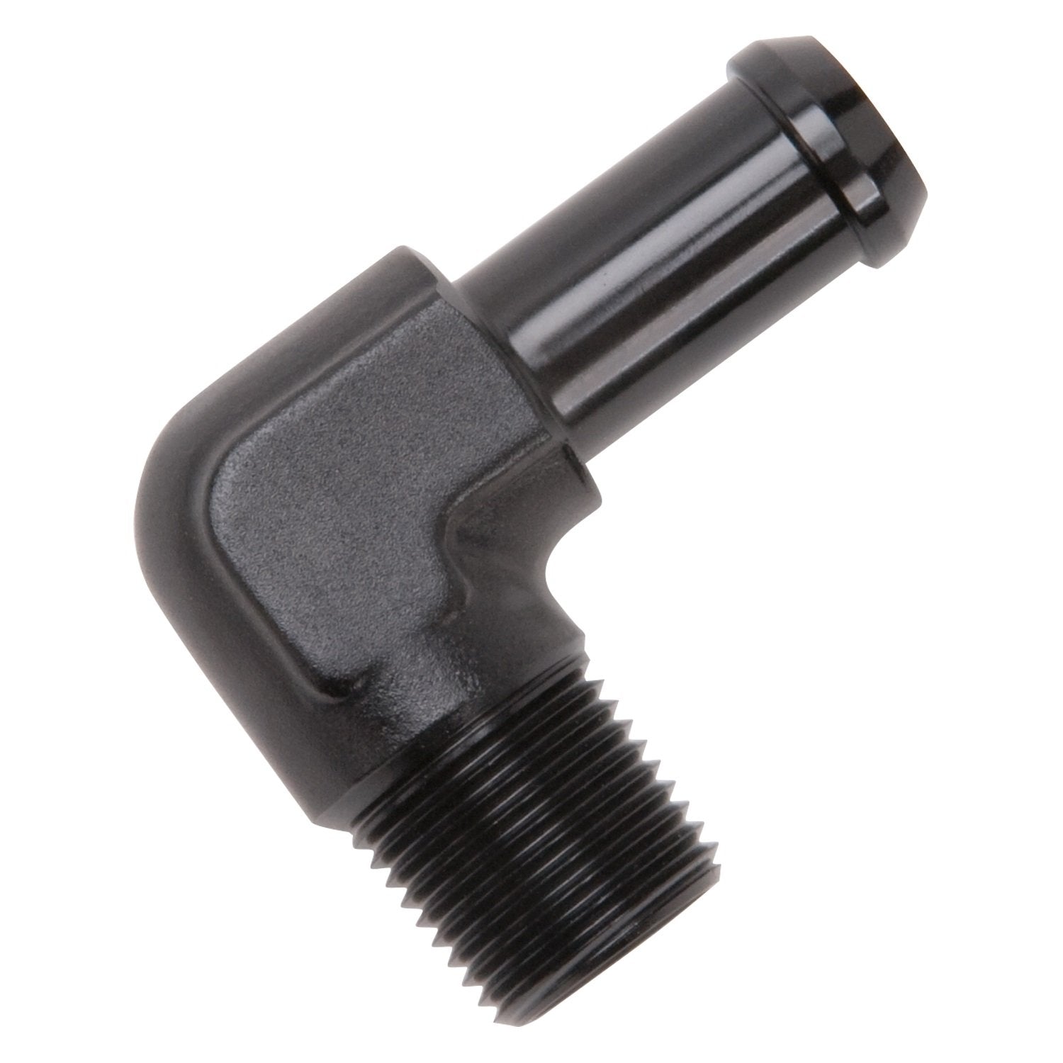 Edelbrock Heater Hose Fitting 90 Degree 3/8 in. NPT And 1/2 in. Barb Black 8163