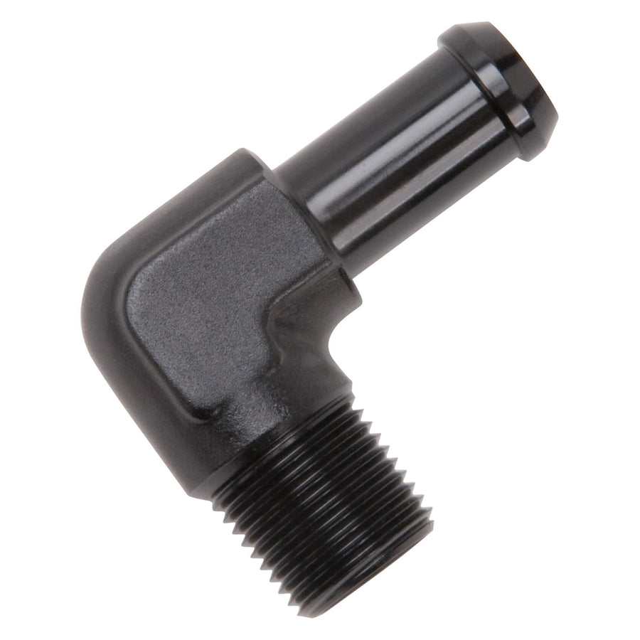Edelbrock Heater Hose Fitting 90 Degree 3/8 in. NPT And 1/2 in. Barb Black 8163