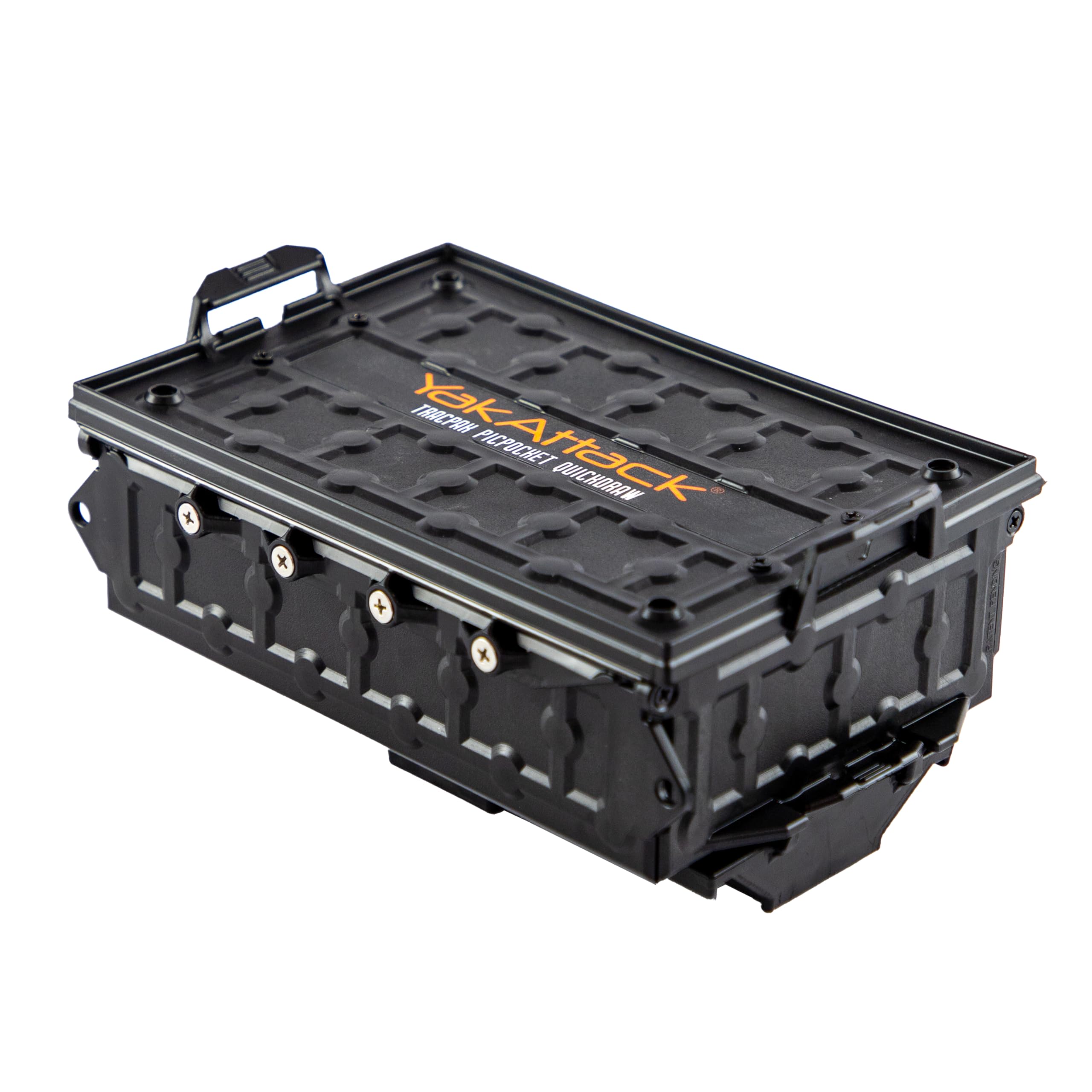 TracPak YakAttack with PicPocket QuickDraw - Black | Track Mount Storage Box with Spring-Loaded Lid | Quick Release Base & Labels Included | Vertical or Horizontal Mount | Made in USA