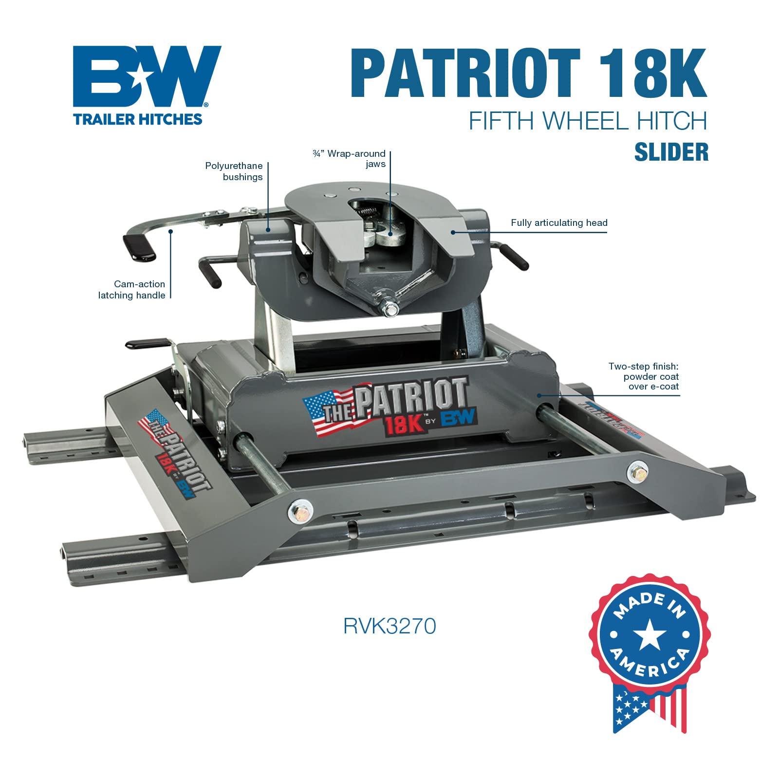 Patriot 18K B&W Trailer Hitches Rail Mounted Slider Fifth Wheel Hitch - RVK3270