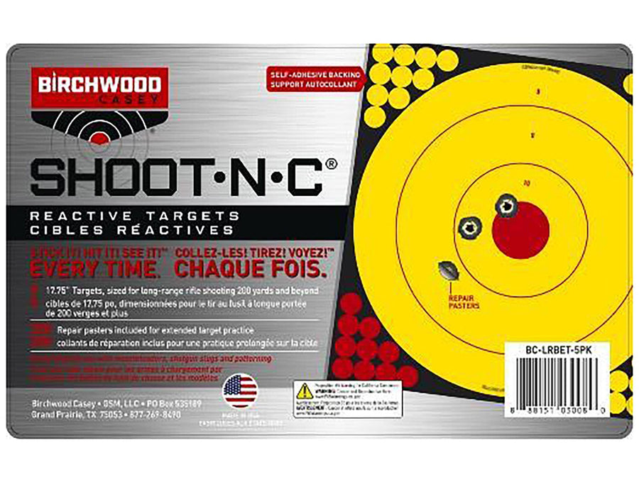 Birchwood Casey Long Range Shoot-N-C Bullseye Always Flat Adhesive Back Shooting Training Reactive 17.75" Targets with Pasters for All Calibers | Pack of 5