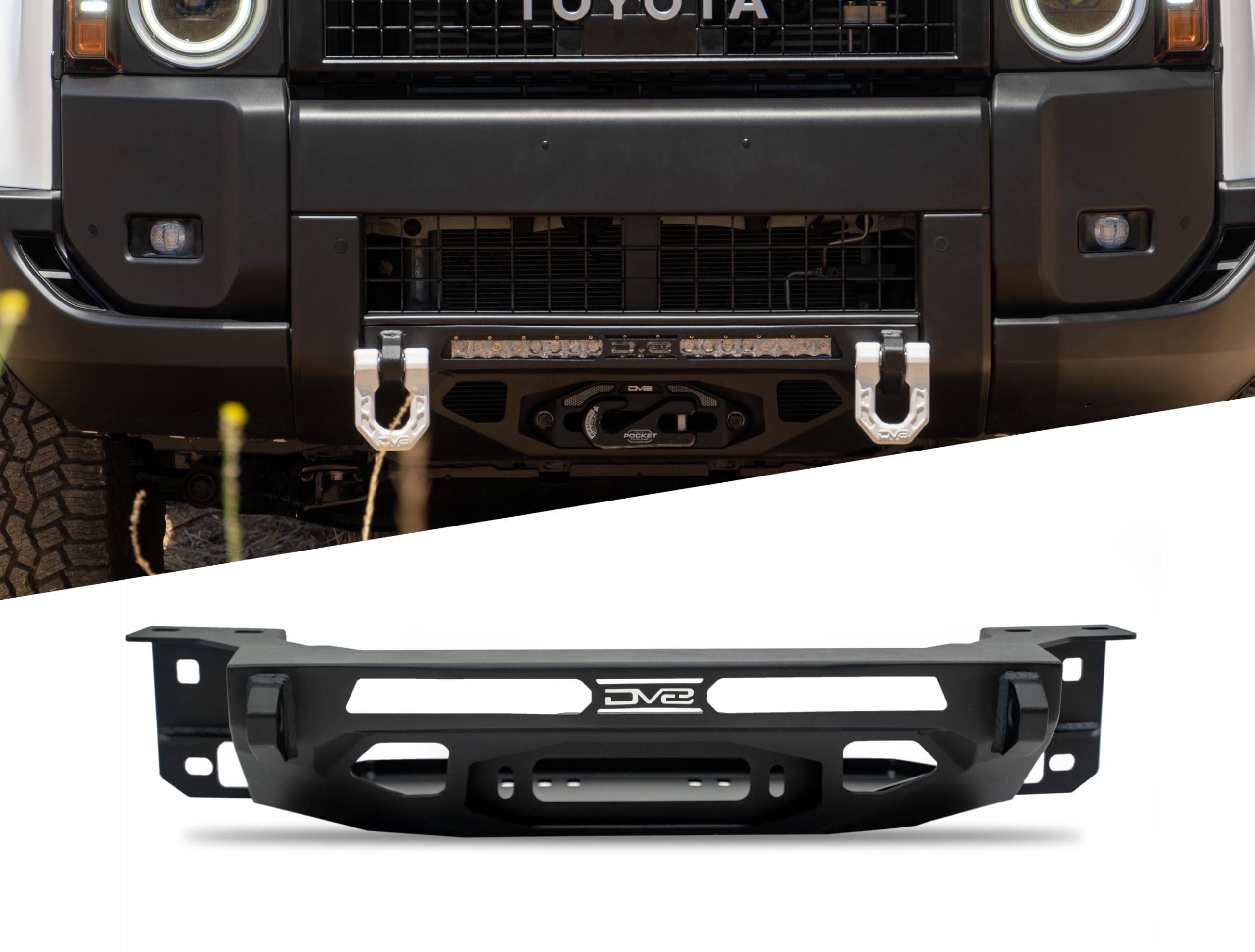 Centric DV8 Offroad Front Bumper for 2024 Toyota Land Cruiser | Center Mount Design | Heavy-Duty Winch Mount | (1) 20" Single Row Light Bar Mount | Pair of D-Ring Mounts | Powder Coated Black | Steel