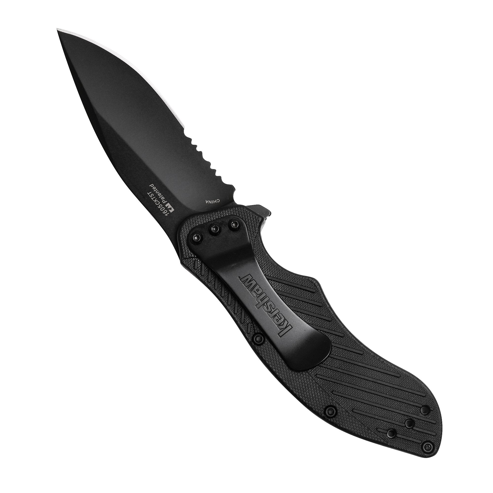 Kershaw Black Clash Serrated Pocketknife, 3" 8Cr13MoV Steel Drop Point Blade, Assisted One-Handed Flipper Opening, Folding Utility EDC