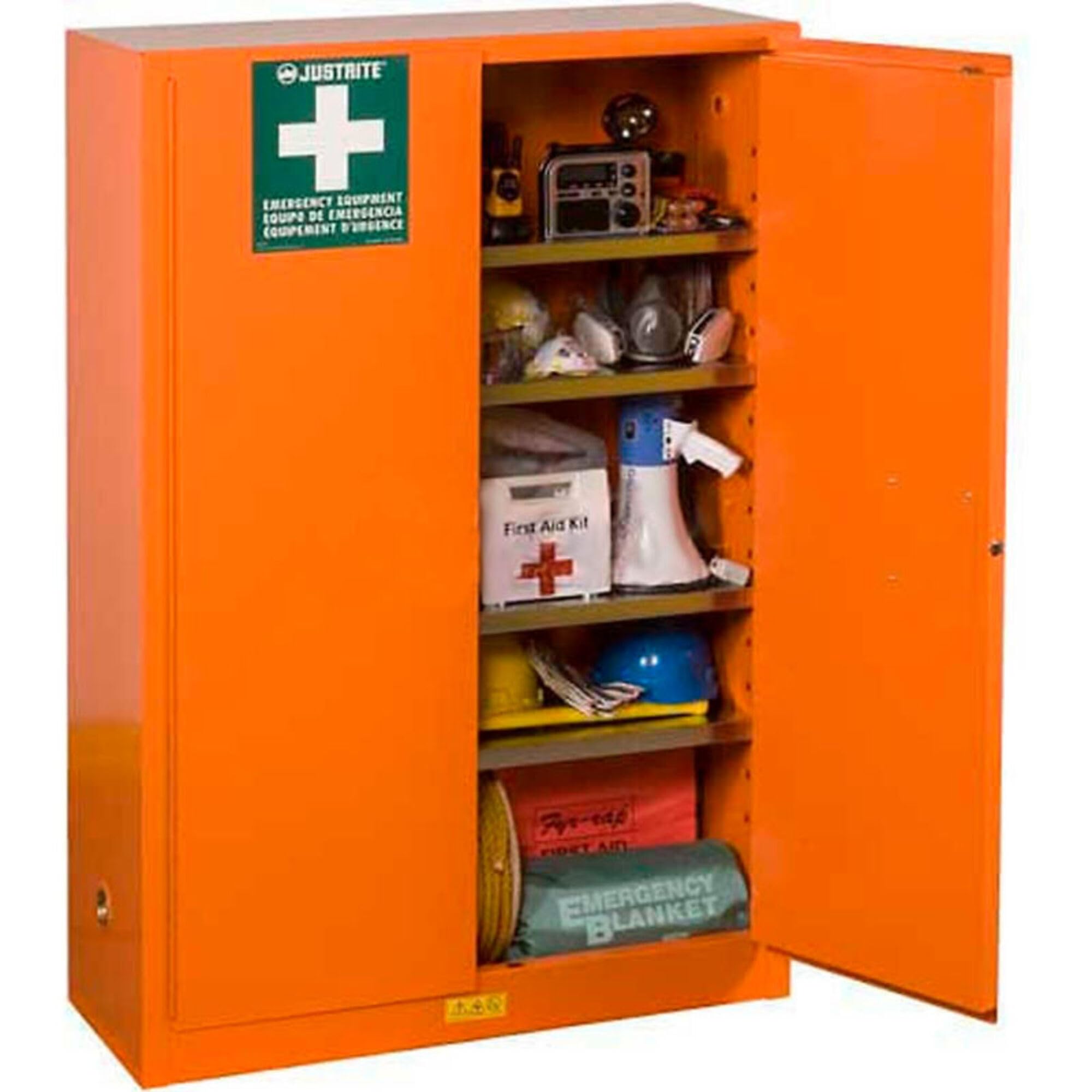 Emergency Preparedness Justrite 860002 Storage Cabinet with PowerPort, 43" Width x 65" Height x 18" Depth, 4 Shelves, Orange