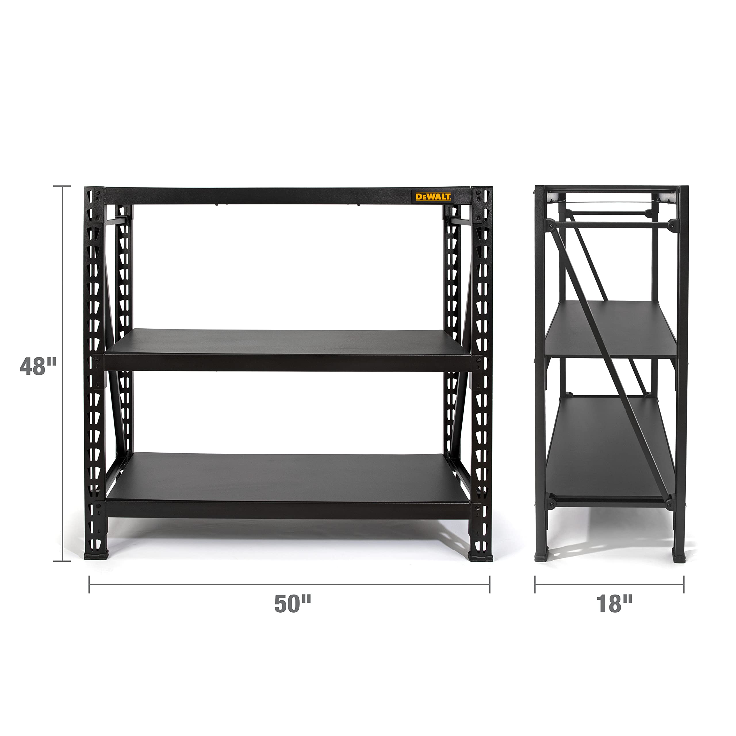 DEWALT Garage Shelving Industrial Storage Rack, 3 Heavy Duty Adjustable Laminate Deck Shelves, 50”W x 18”D x 48”H, 4,500 lb. Capacity, Black