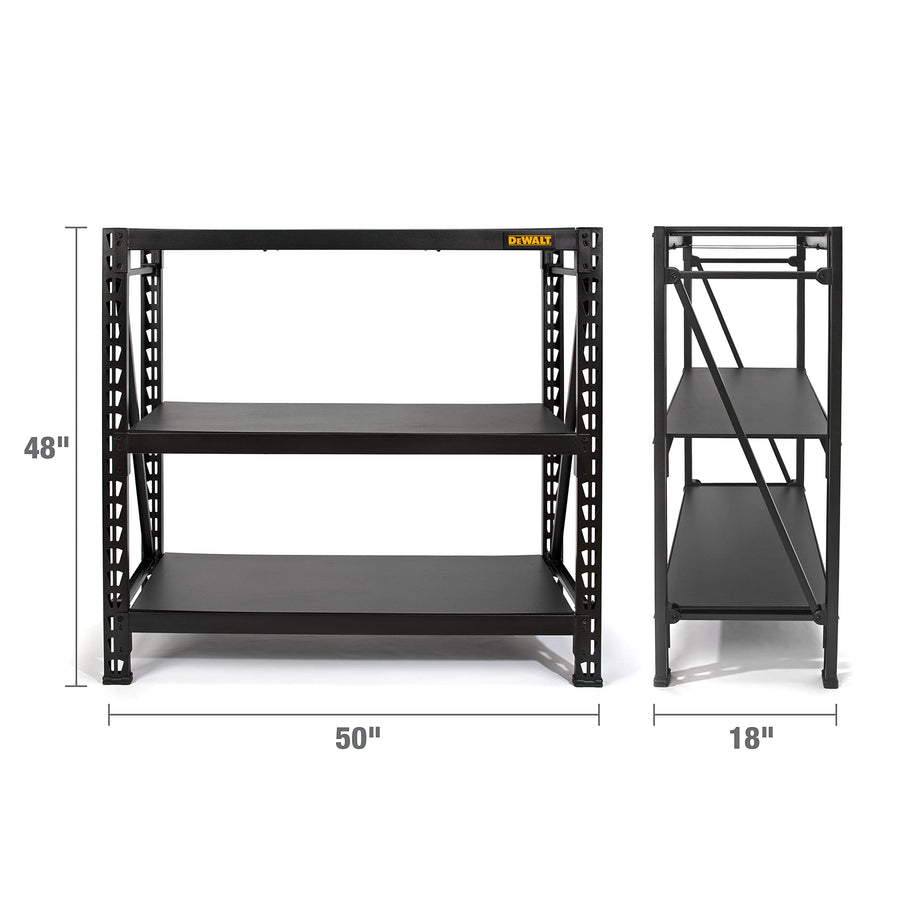 DEWALT Garage Shelving Industrial Storage Rack, 3 Heavy Duty Adjustable Laminate Deck Shelves, 50”W x 18”D x 48”H, 4,500 lb. Capacity, Black