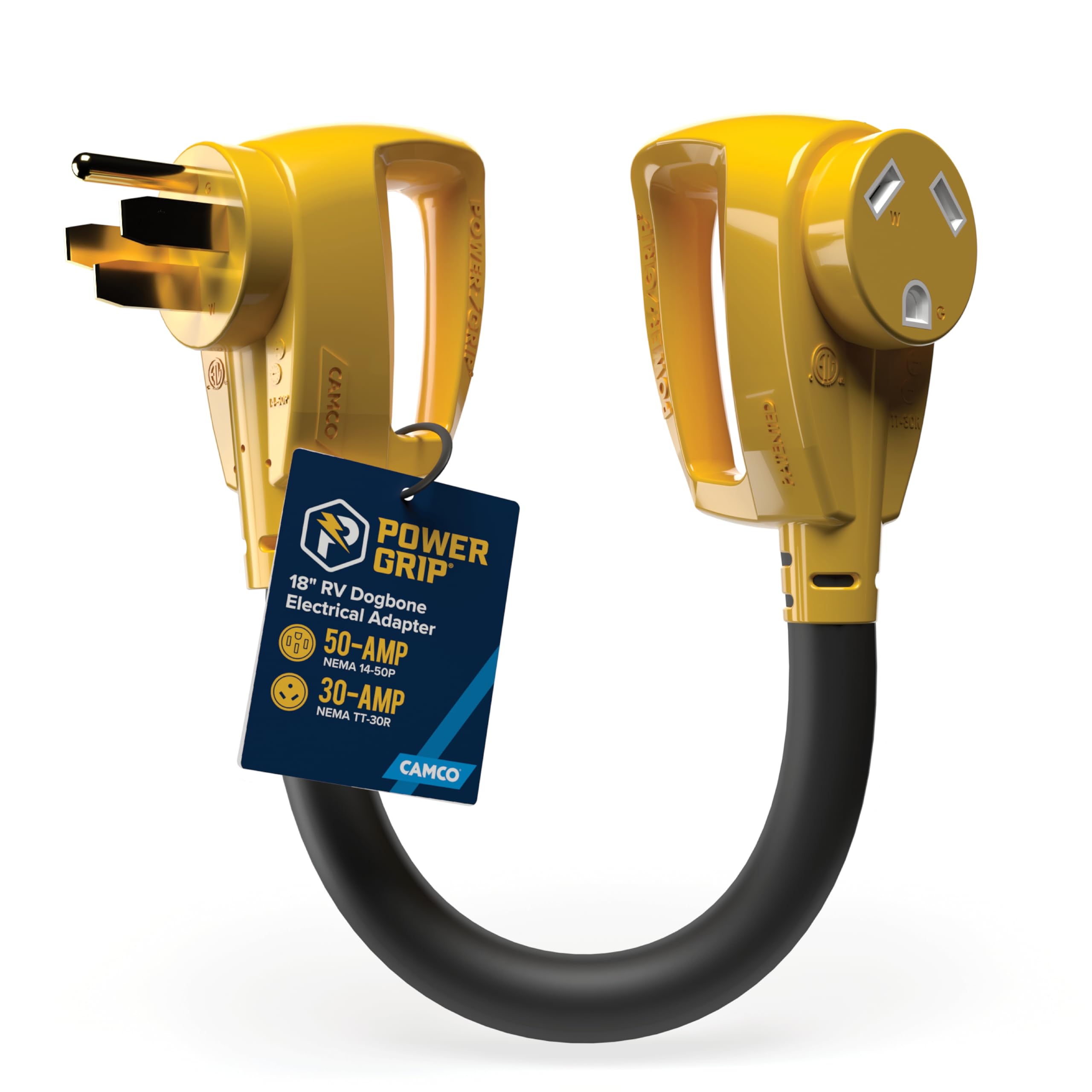 Camco PowerGrip RV Electrical Adapter Dogbone - Features Heavy-Duty 50-Amp Male and 30-Amp Female Connections - Crafted of 100% Copper 10/3-Gauge Wires & Rated for 125V/3750W (55175)