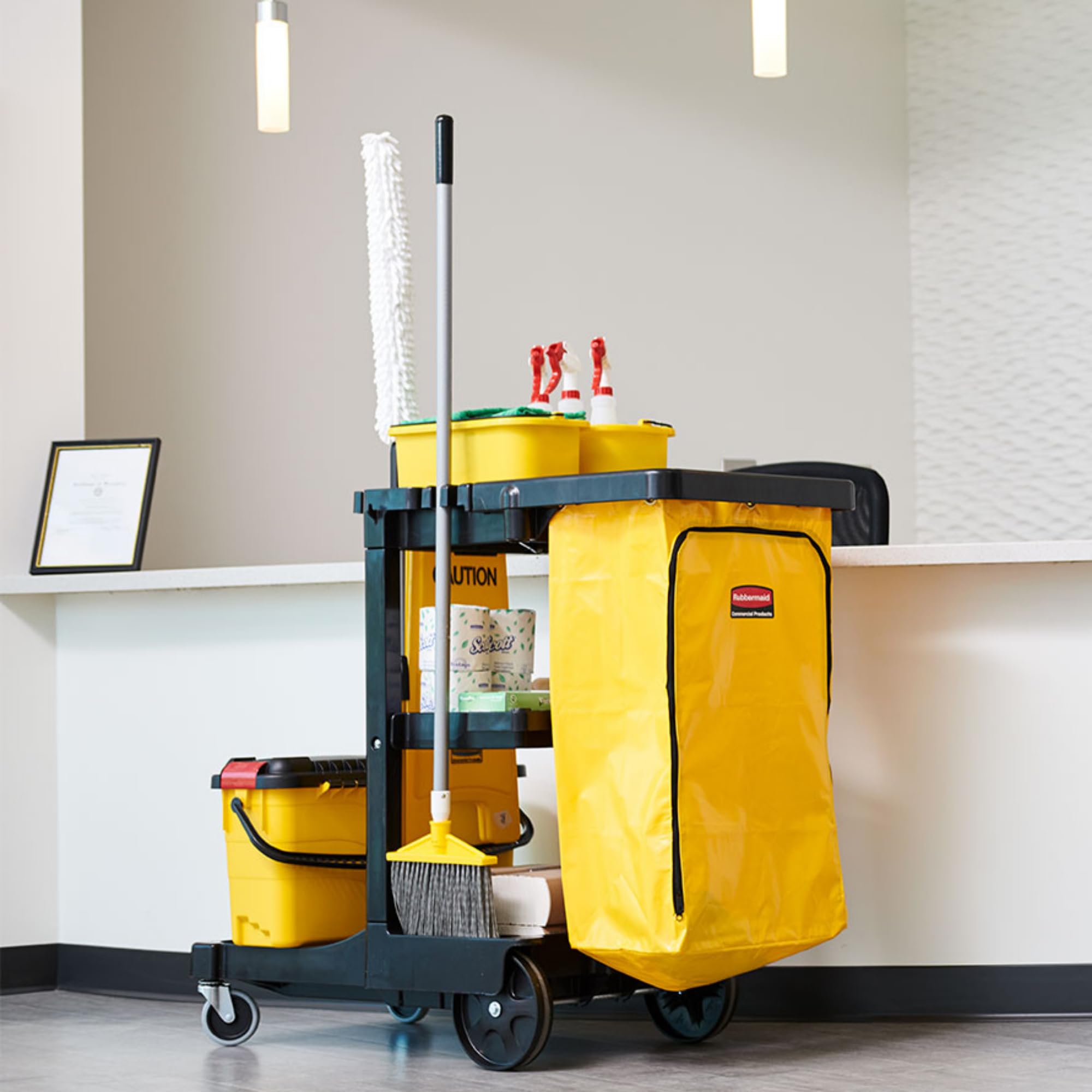 Rubbermaid Commercial 3-Shelf Traditional Janitorial Cleaning Cart, Wheeled with Zippered Yellow Vinyl Bag, for Business/School/Office/Janatorial Cleaning