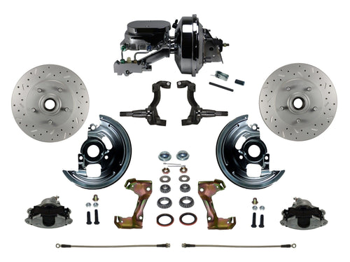 Power Front Disc Brake Conversion Kit LEED BRAKES Cross Drilled And Slotted Rotors With 9" Chrome Booster Flat Top Chrome M/C Disc/Drum Side Mount