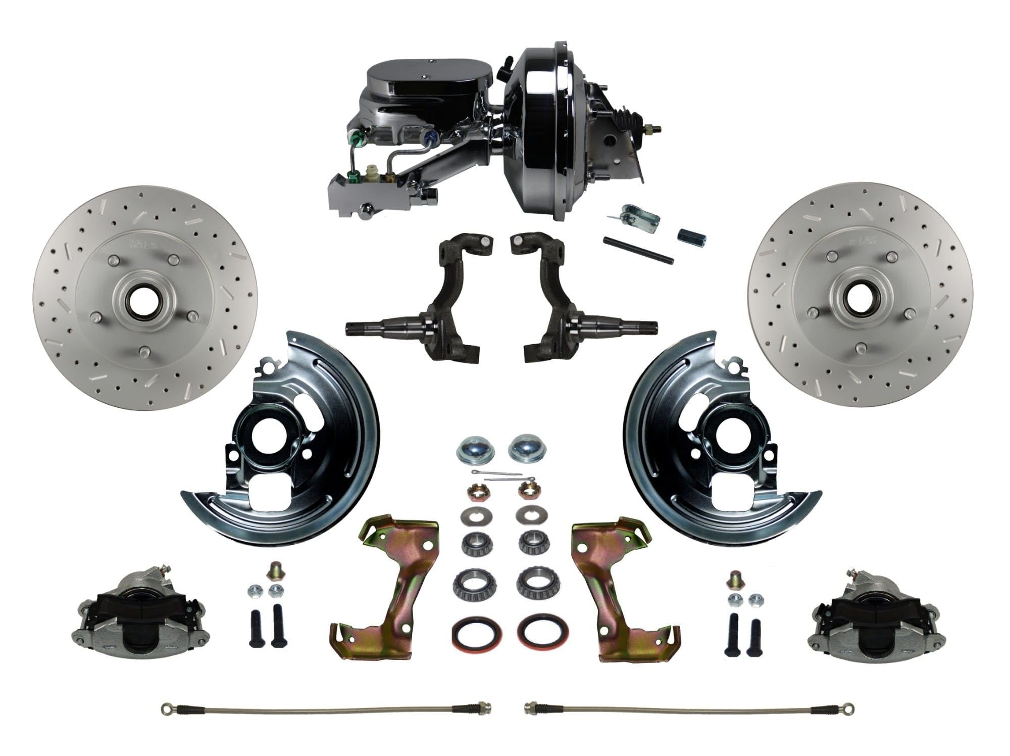 Power Front Disc Brake Conversion Kit LEED BRAKES Cross Drilled And Slotted Rotors With 9" Chrome Booster Flat Top Chrome M/C Disc/Disc Side Mount