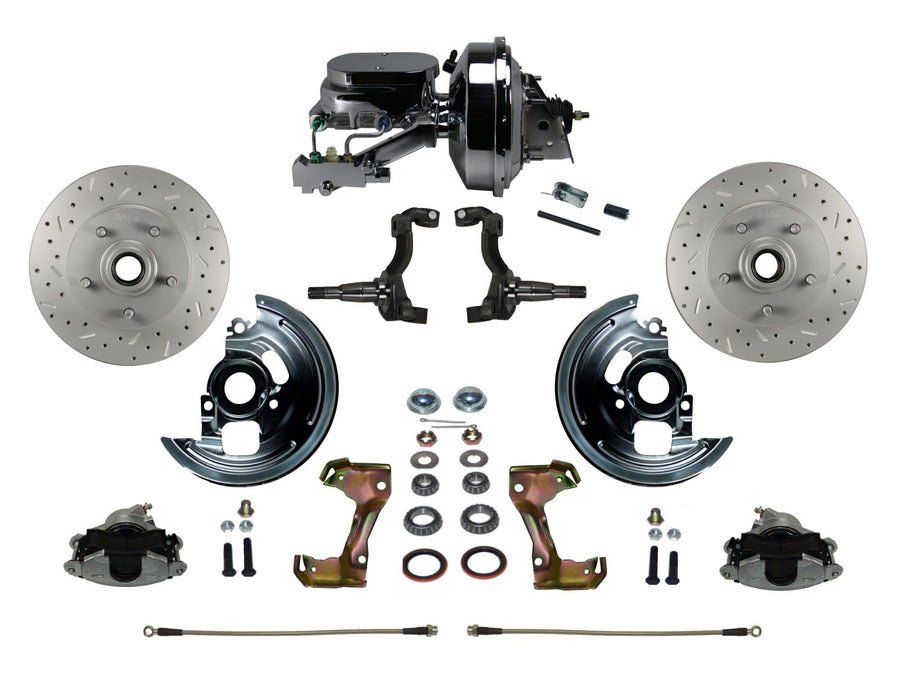 Power Front Disc Brake Conversion Kit LEED BRAKES Cross Drilled And Slotted Rotors With 9" Chrome Booster Flat Top Chrome M/C Disc/Disc Side Mount