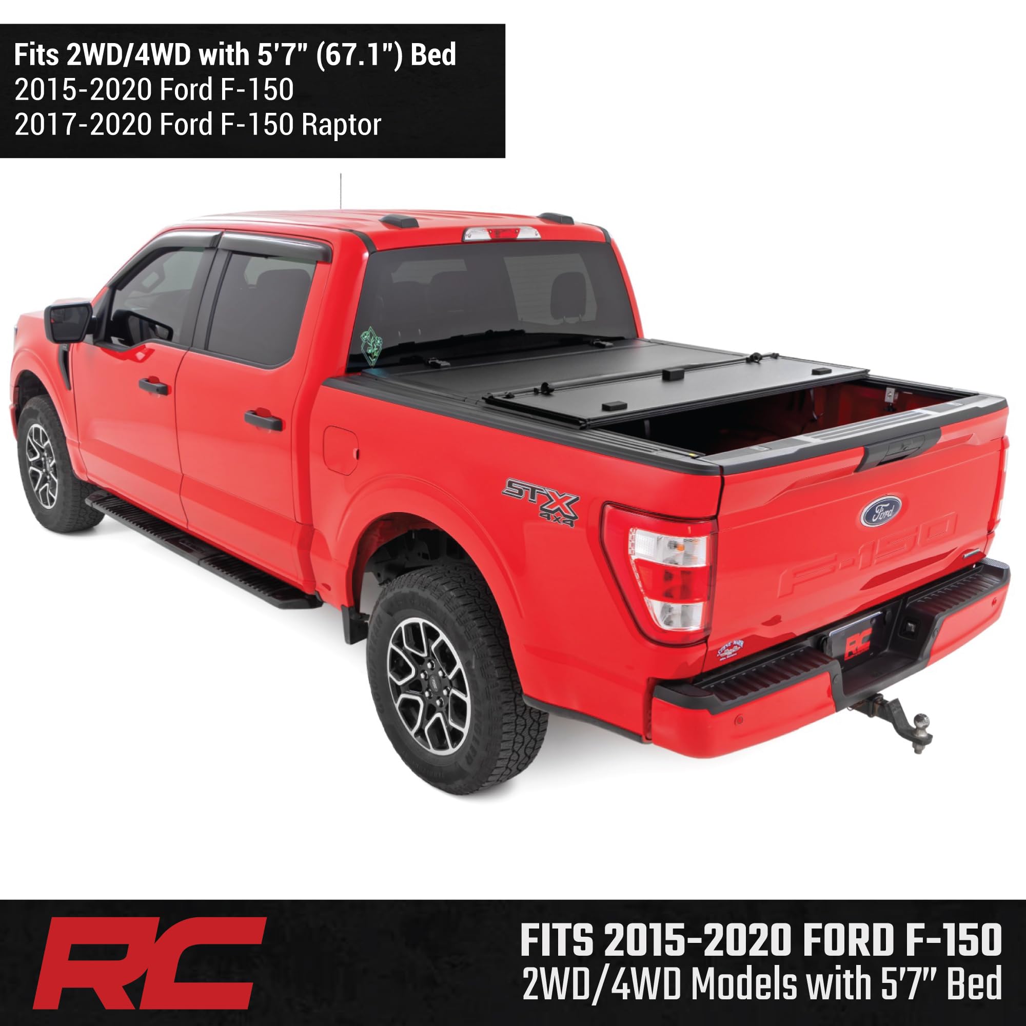 Rough Country Tonneau Cover Hard Tri-Fold for Ford F-150 (2015-2020) - Aluminum Flip-Up Bed Cover, Fits 5'7 (67.1") Short Bed