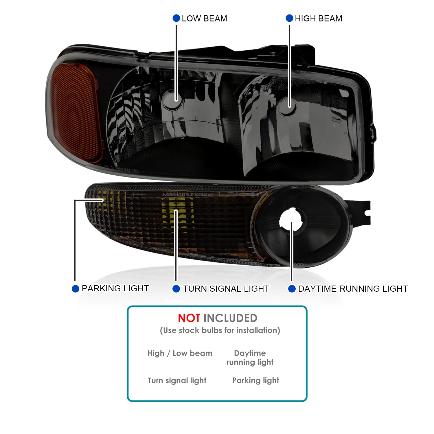 Black Smoke Headlights + Bumper Lamps Spec-D Tuning Compatible with 2000-2006 GMC Sierra 1500 2500 Yukon XL Denali, Left + Right Pair Assembly
