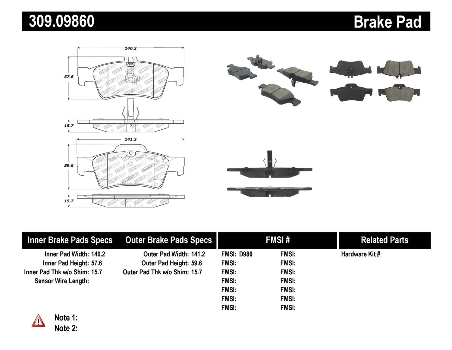 Sport Brake Pads StopTech 309.09860 with Shims and Hardware