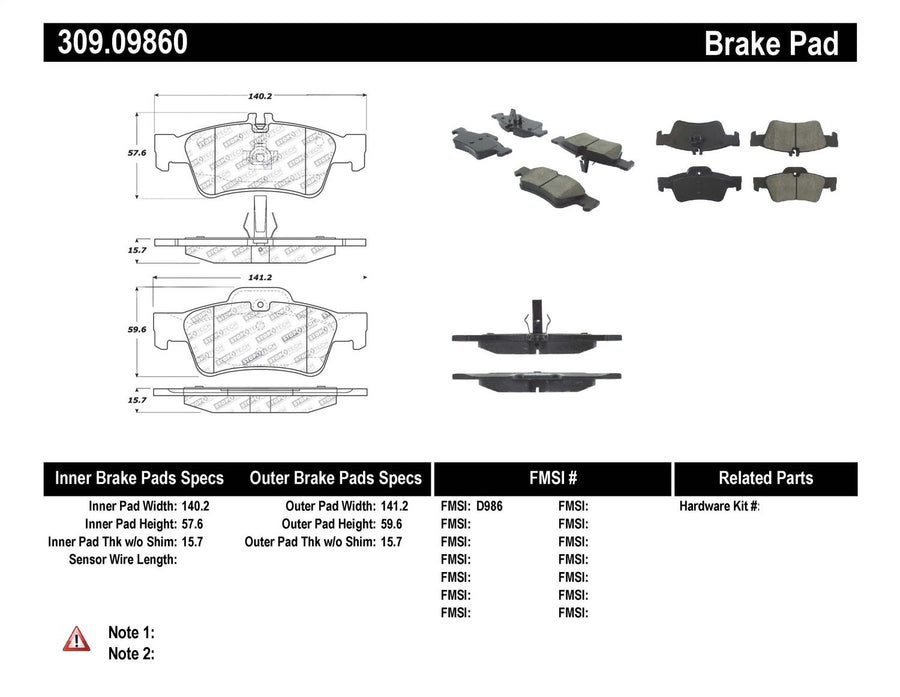 Sport Brake Pads StopTech 309.09860 with Shims and Hardware