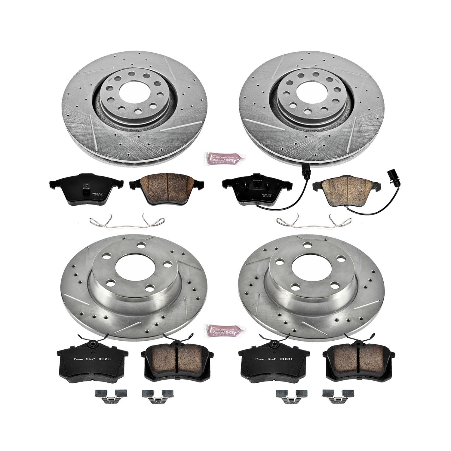 Power Stop K893 Z23 Carbon Fiber Brake Pads Front and Rear with Drilled & Slotted Brake Rotors Kit For Audi A6 Quattro 2002-2004 [Model Specific]