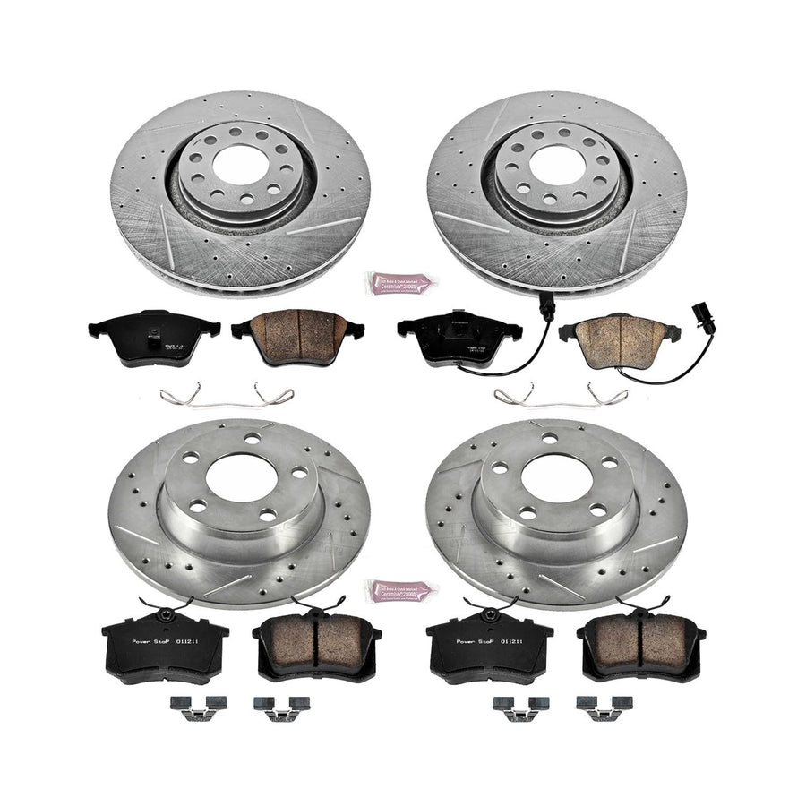 Power Stop K893 Z23 Carbon Fiber Brake Pads Front and Rear with Drilled & Slotted Brake Rotors Kit For Audi A6 Quattro 2002-2004 [Model Specific]