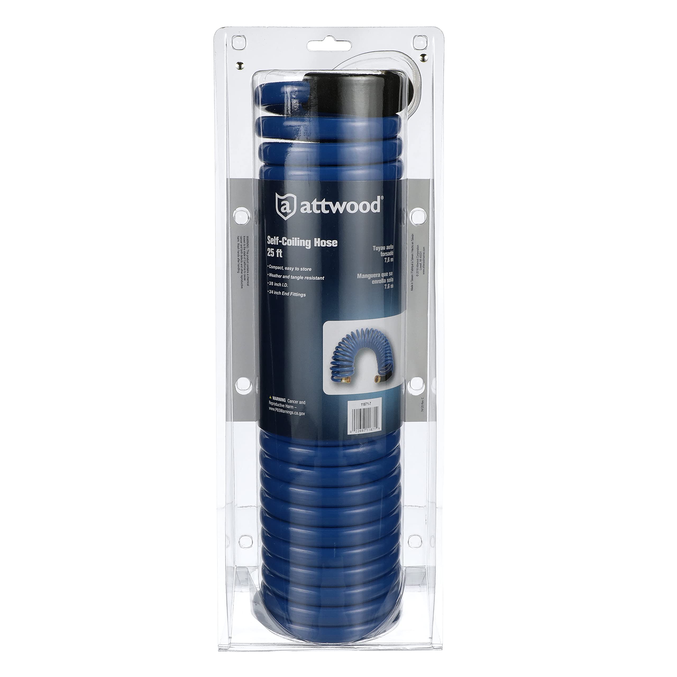 Spiral Watering Hose Attwood 11871-7 — Weatherproof, Kink-Free, 25 Feet Long, ¾-in. End Fittings, 3/8-In. Interior Diameter, Blue